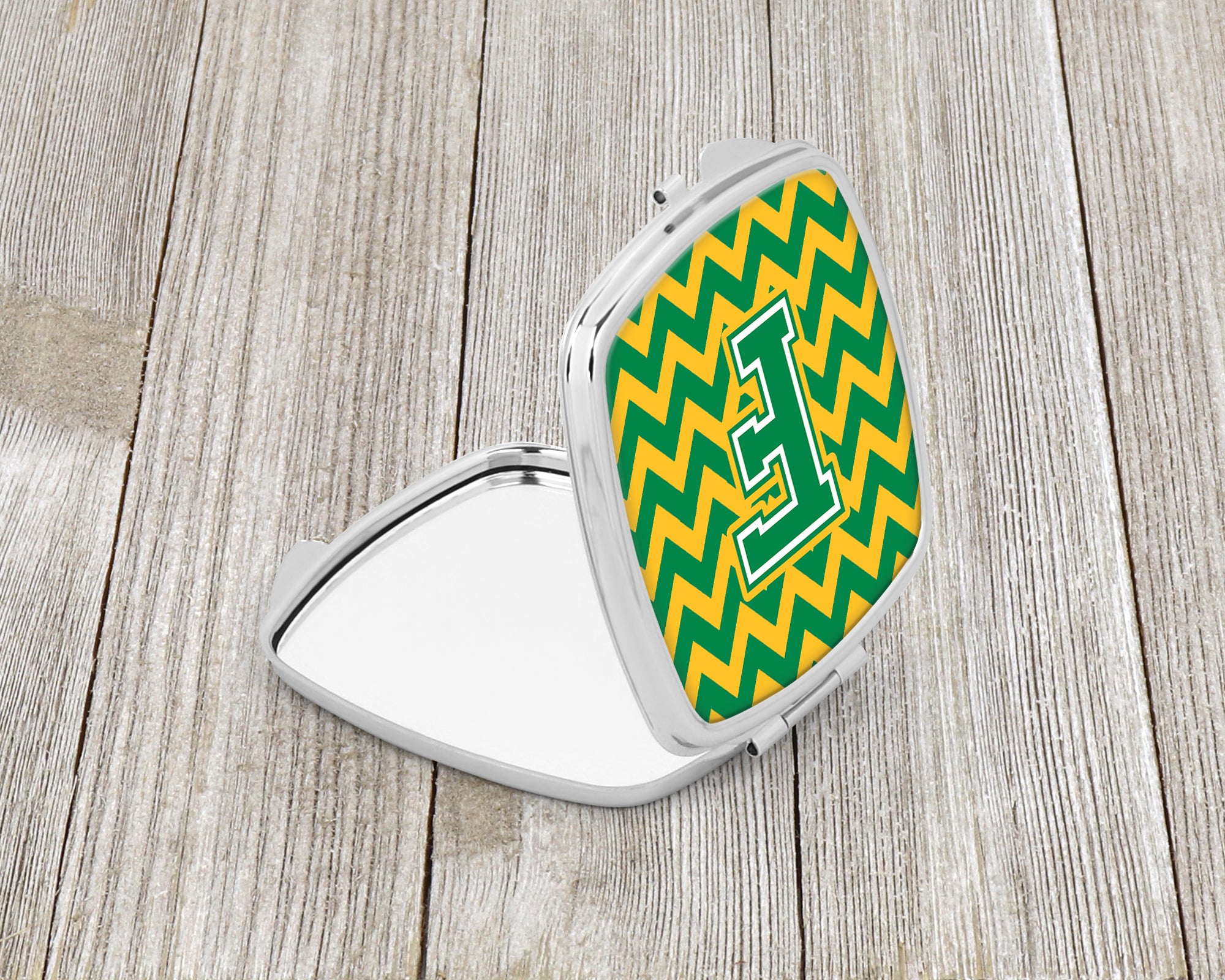 Letter F Chevron Green and Gold Compact Mirror CJ1059-FSCM  the-store.com.