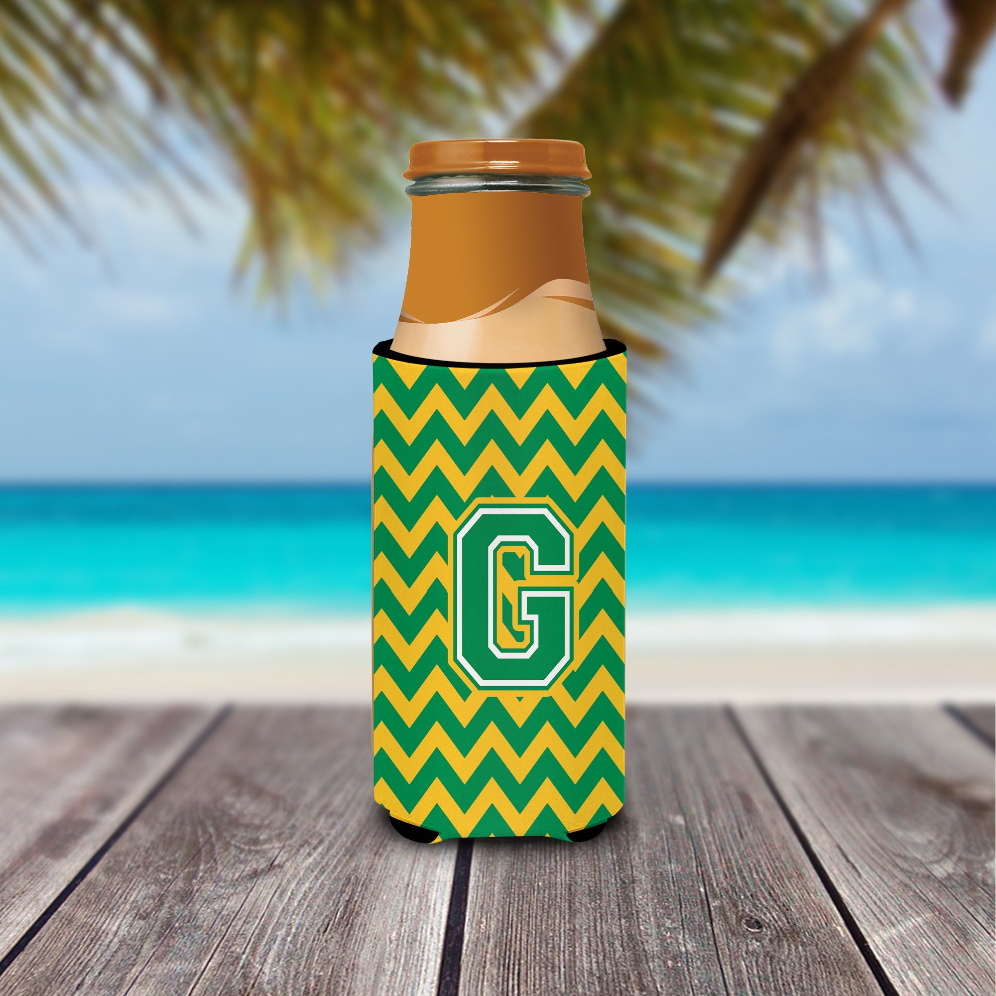 Letter G Chevron Green and Gold Ultra Beverage Insulators for slim cans CJ1059-GMUK.