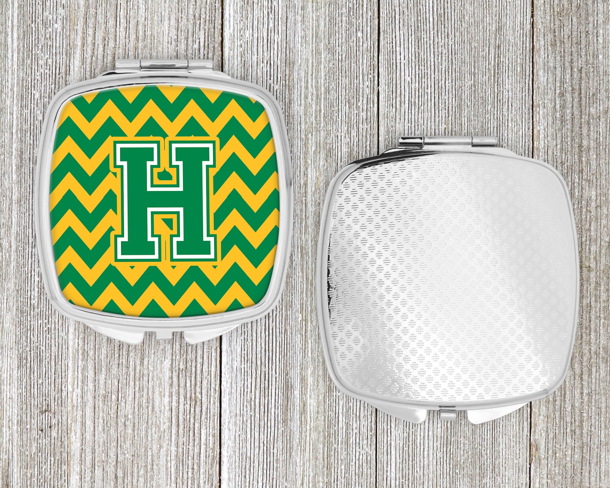 Letter H Chevron Green and Gold Compact Mirror CJ1059-HSCM  the-store.com.