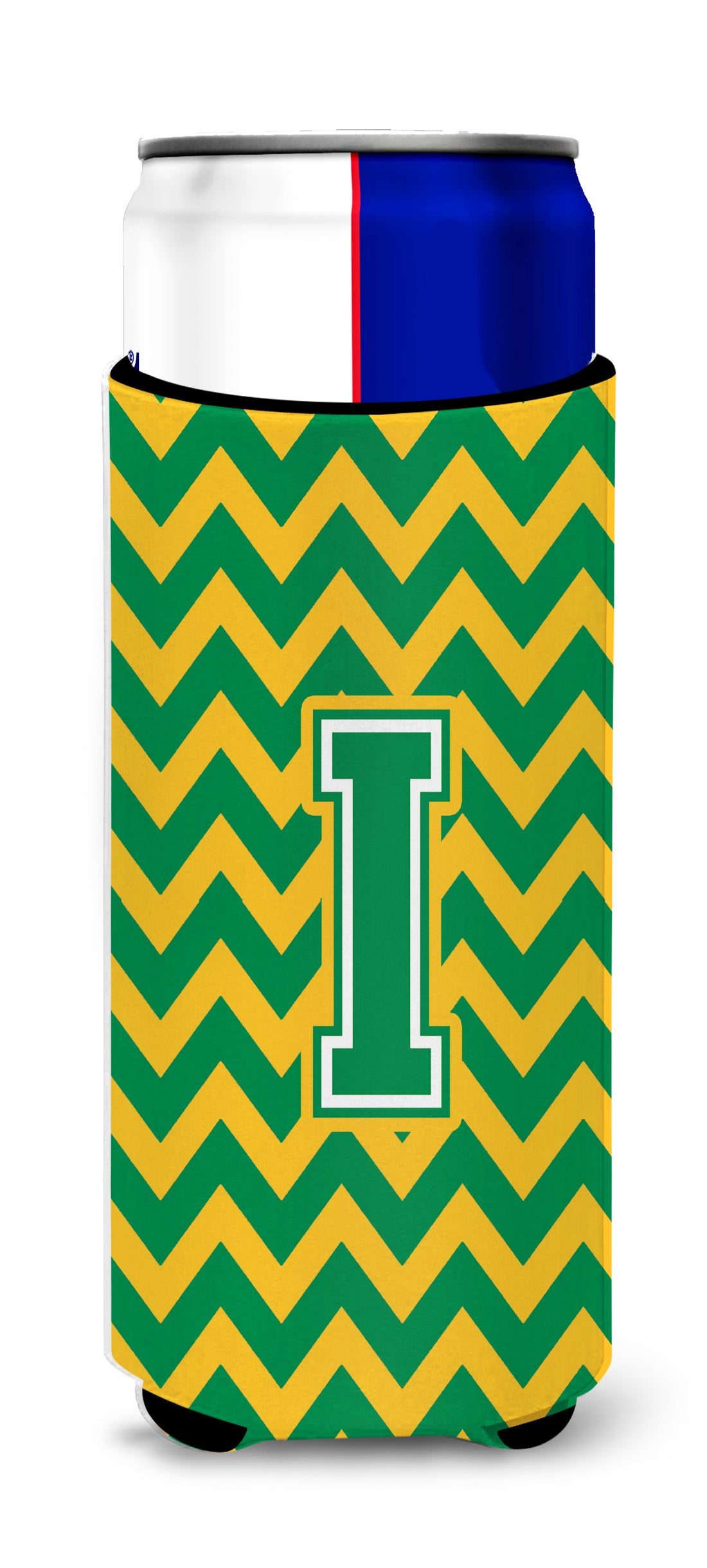 Letter I Chevron Green and Gold Ultra Beverage Insulators for slim cans CJ1059-IMUK.