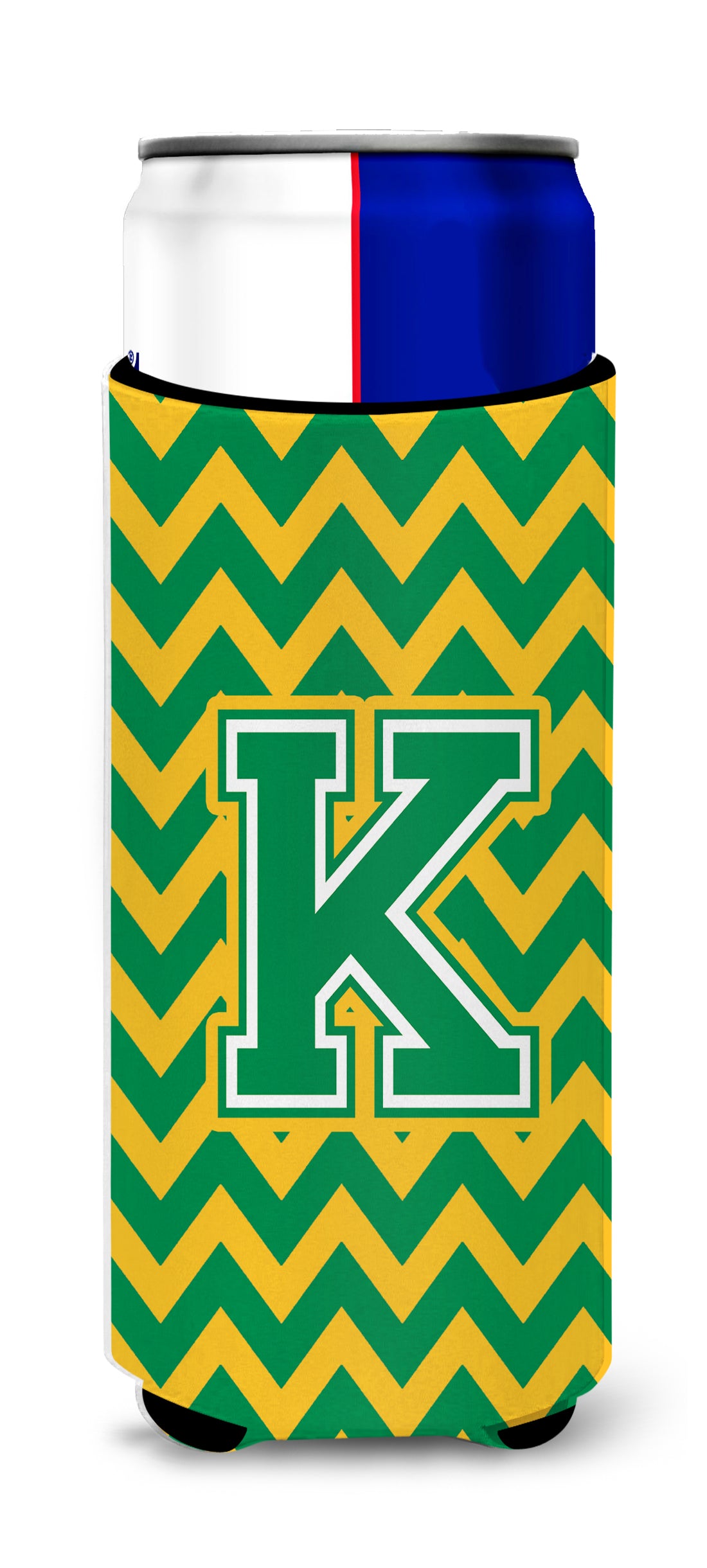 Letter K Chevron Green and Gold Ultra Beverage Insulators for slim cans CJ1059-KMUK.