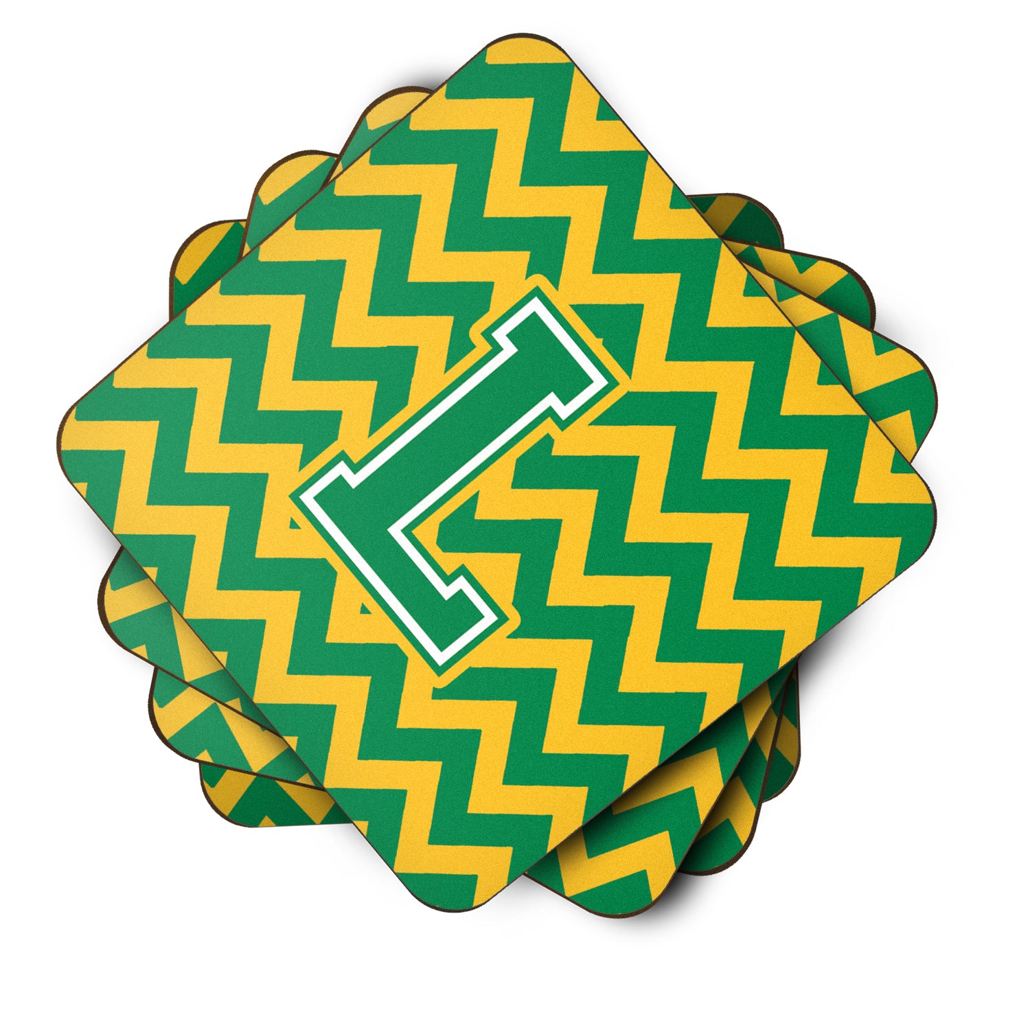 Letter L Chevron Green and Gold Foam Coaster Set of 4 CJ1059-LFC - the-store.com