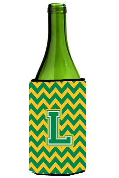 Letter L Chevron Green and Gold Wine Bottle Beverage Insulator Hugger CJ1059-LLITERK by Caroline&#39;s Treasures