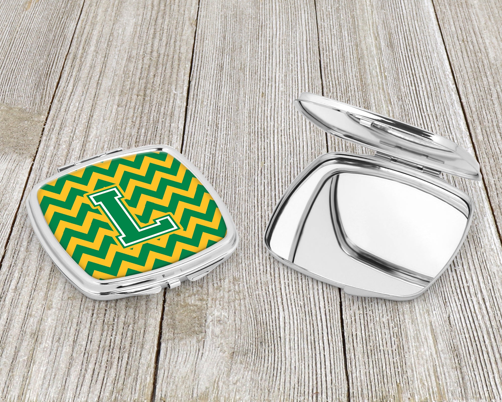 Letter L Chevron Green and Gold Compact Mirror CJ1059-LSCM  the-store.com.