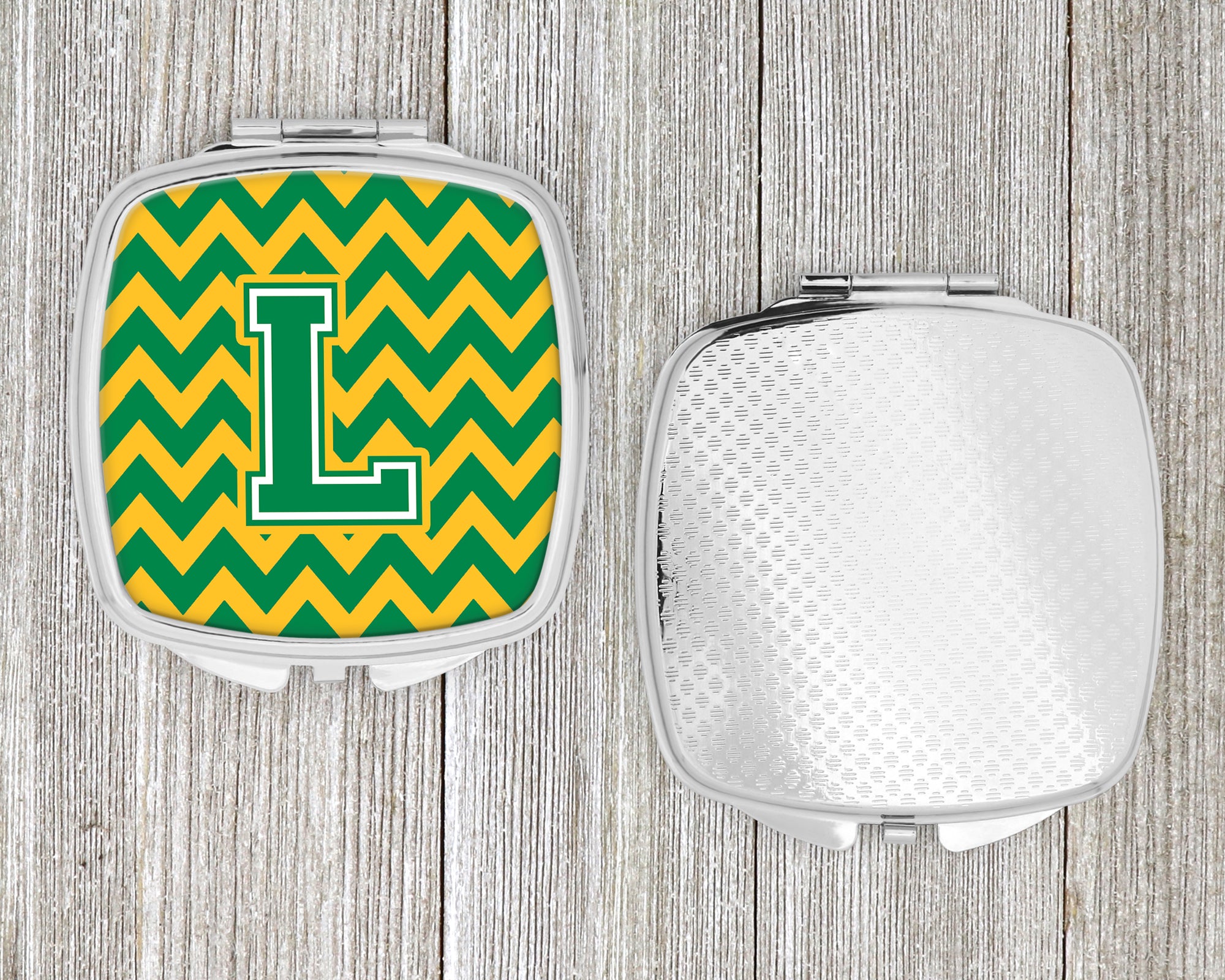 Letter L Chevron Green and Gold Compact Mirror CJ1059-LSCM  the-store.com.