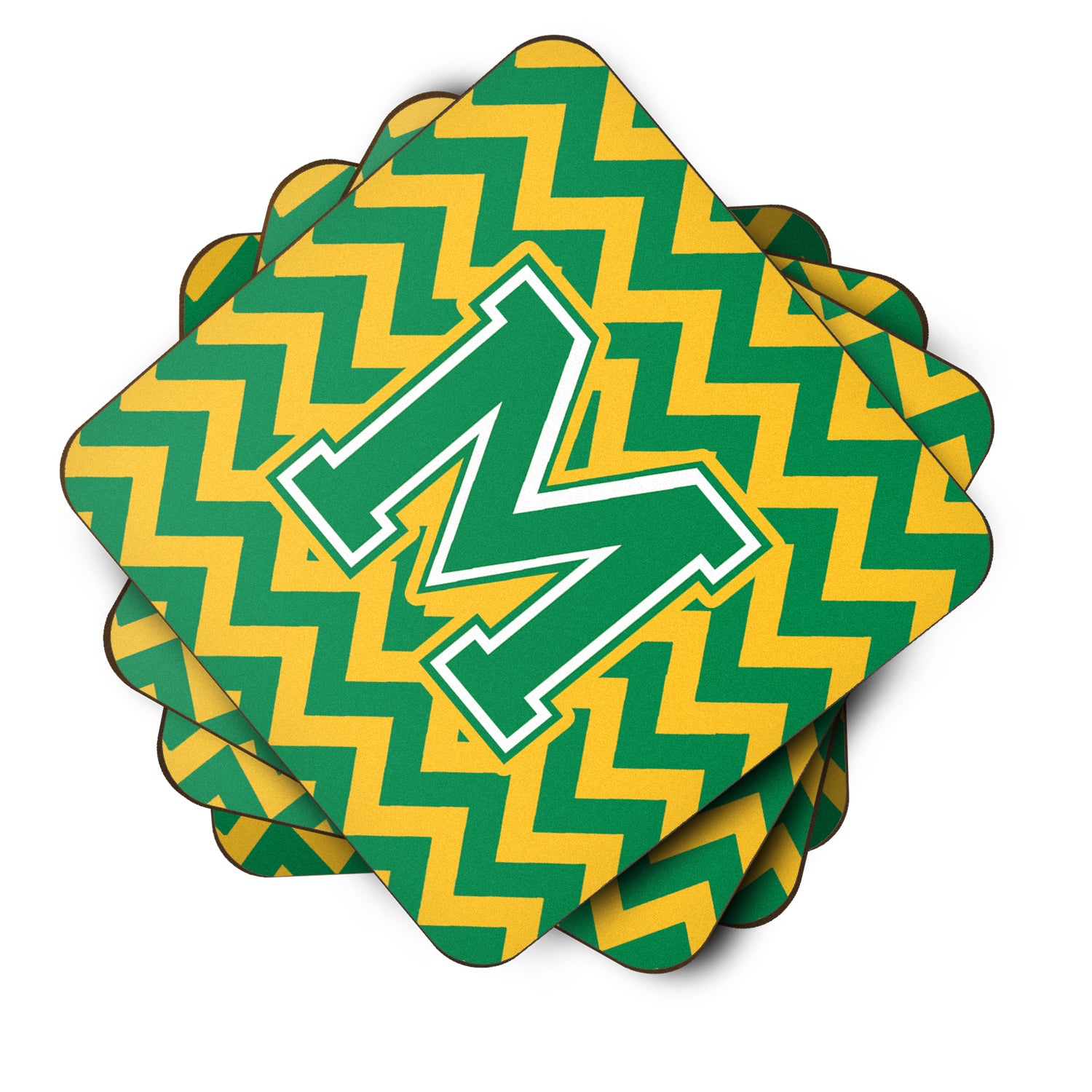 Letter M Chevron Green and Gold Foam Coaster Set of 4 CJ1059-MFC - the-store.com