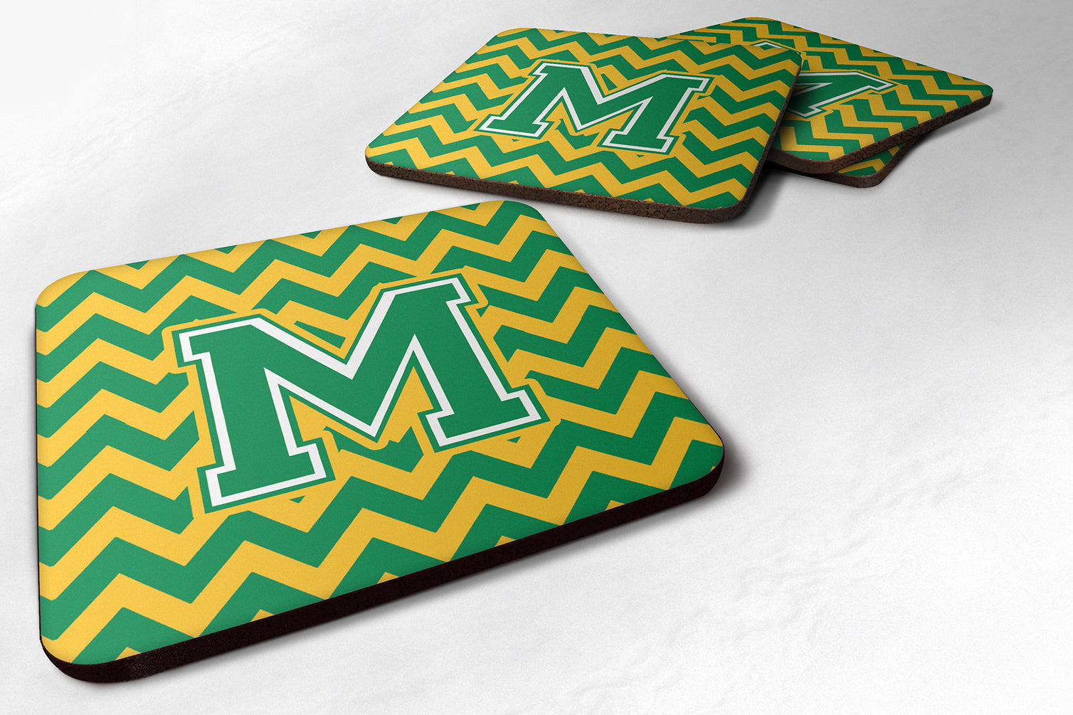 Letter M Chevron Green and Gold Foam Coaster Set of 4 CJ1059-MFC - the-store.com