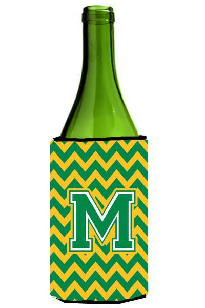 Letter M Chevron Green and Gold Wine Bottle Beverage Insulator Hugger CJ1059-MLITERK by Caroline's Treasures