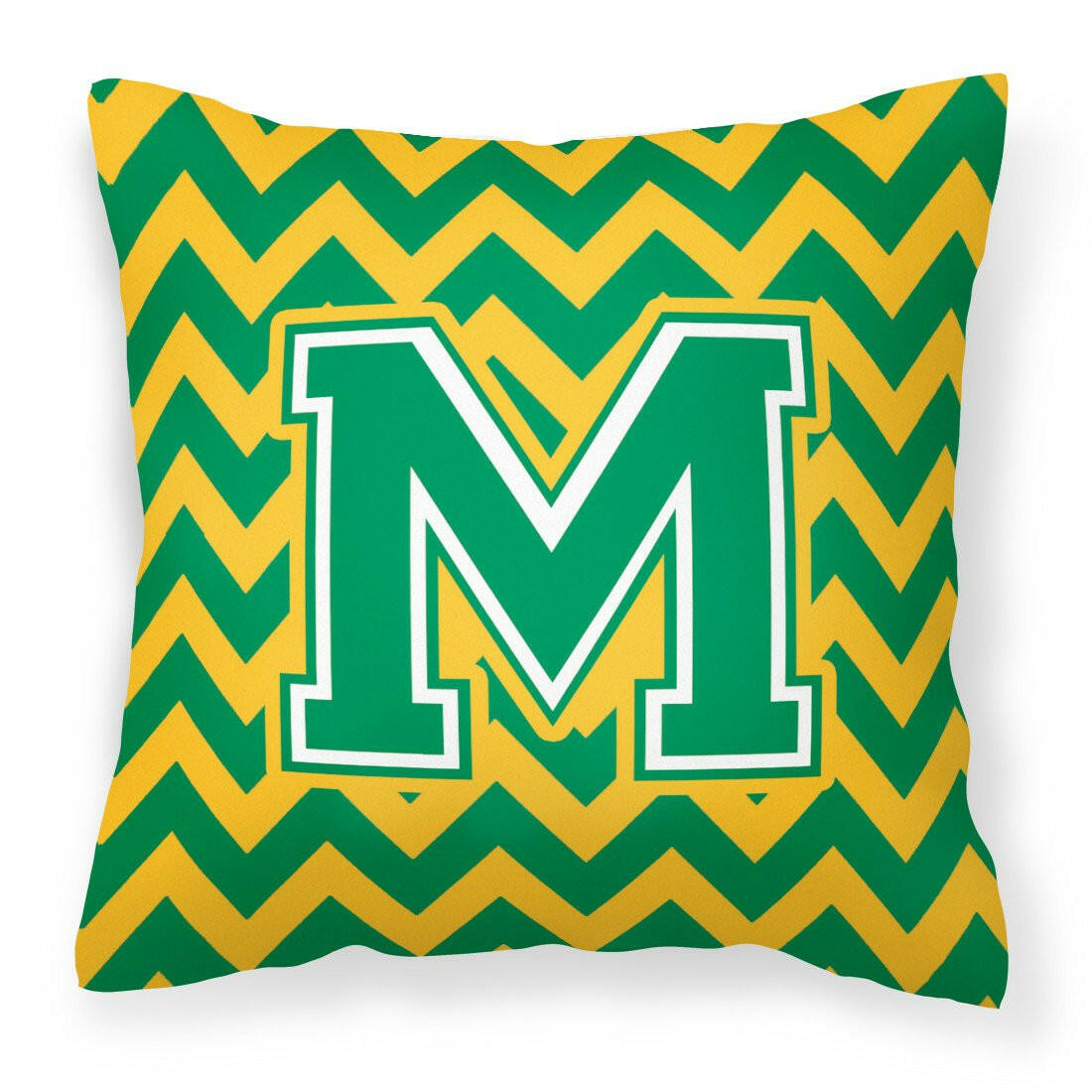 Letter M Chevron Green and Gold Fabric Decorative Pillow CJ1059-MPW1414 by Caroline's Treasures