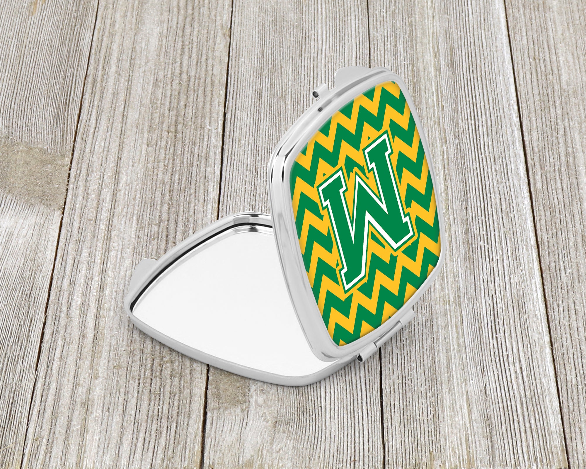 Letter M Chevron Green and Gold Compact Mirror CJ1059-MSCM  the-store.com.