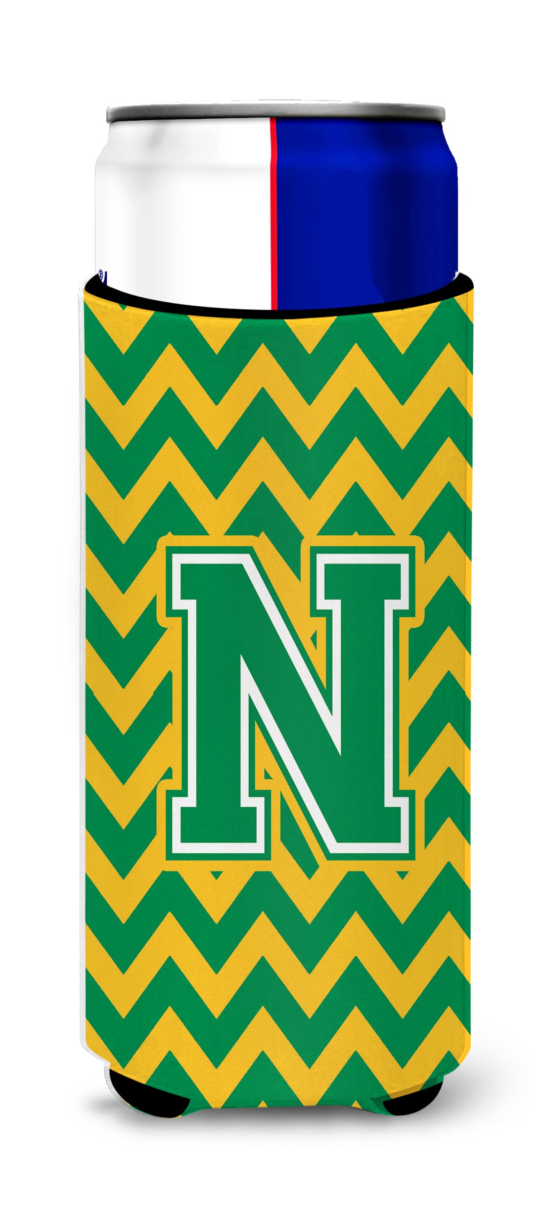 Letter N Chevron Green and Gold Ultra Beverage Insulators for slim cans CJ1059-NMUK.