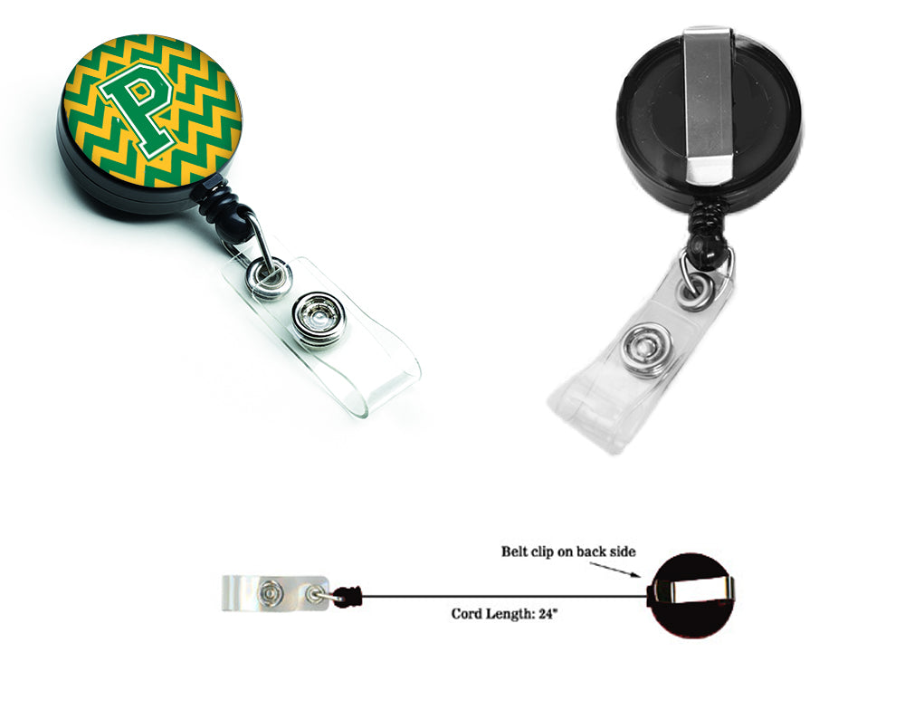 Letter P Chevron Green and Gold Retractable Badge Reel CJ1059-PBR.