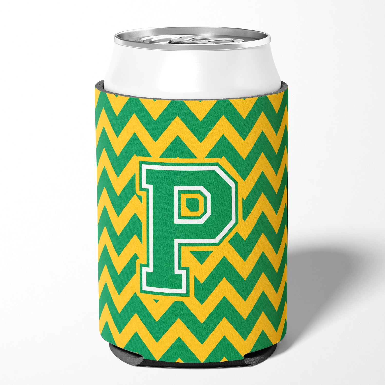 Letter P Chevron Green and Gold Can or Bottle Hugger CJ1059-PCC.