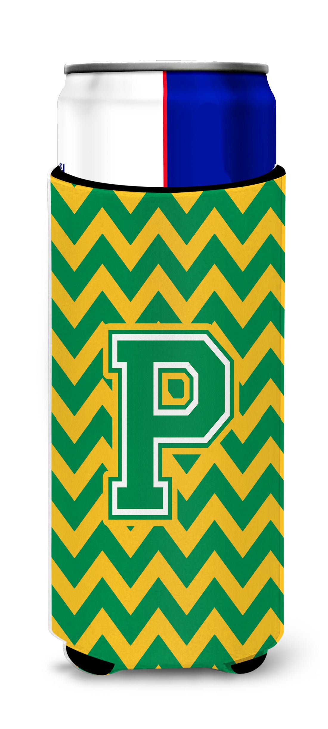 Letter P Chevron Green and Gold Ultra Beverage Insulators for slim cans CJ1059-PMUK.