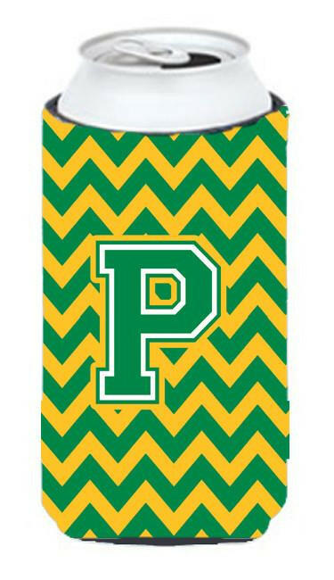 Letter P Chevron Green and Gold Tall Boy Beverage Insulator Hugger CJ1059-PTBC by Caroline's Treasures