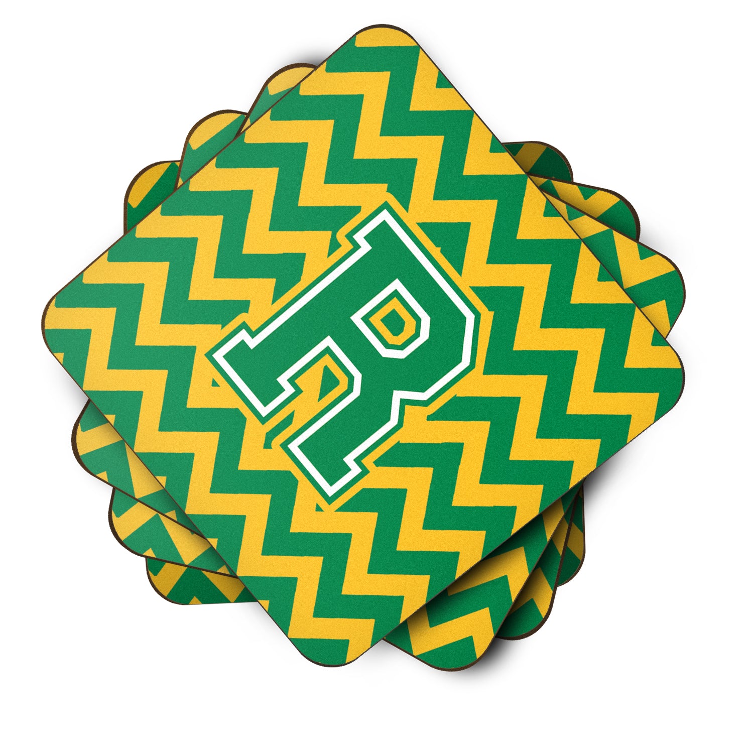 Letter R Chevron Green and Gold Foam Coaster Set of 4 CJ1059-RFC - the-store.com