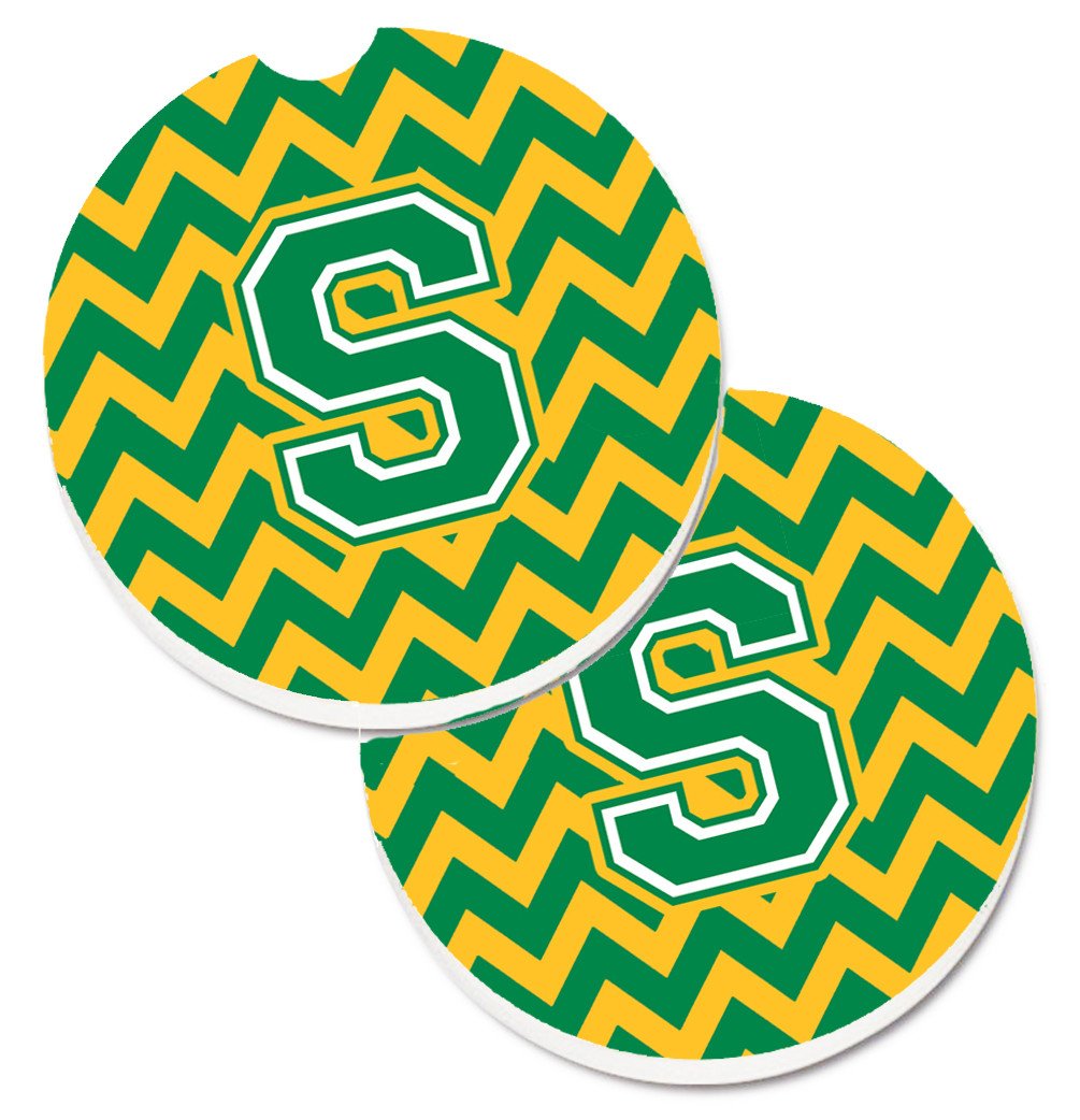 Letter S Chevron Green and Gold Set of 2 Cup Holder Car Coasters CJ1059-SCARC by Caroline&#39;s Treasures