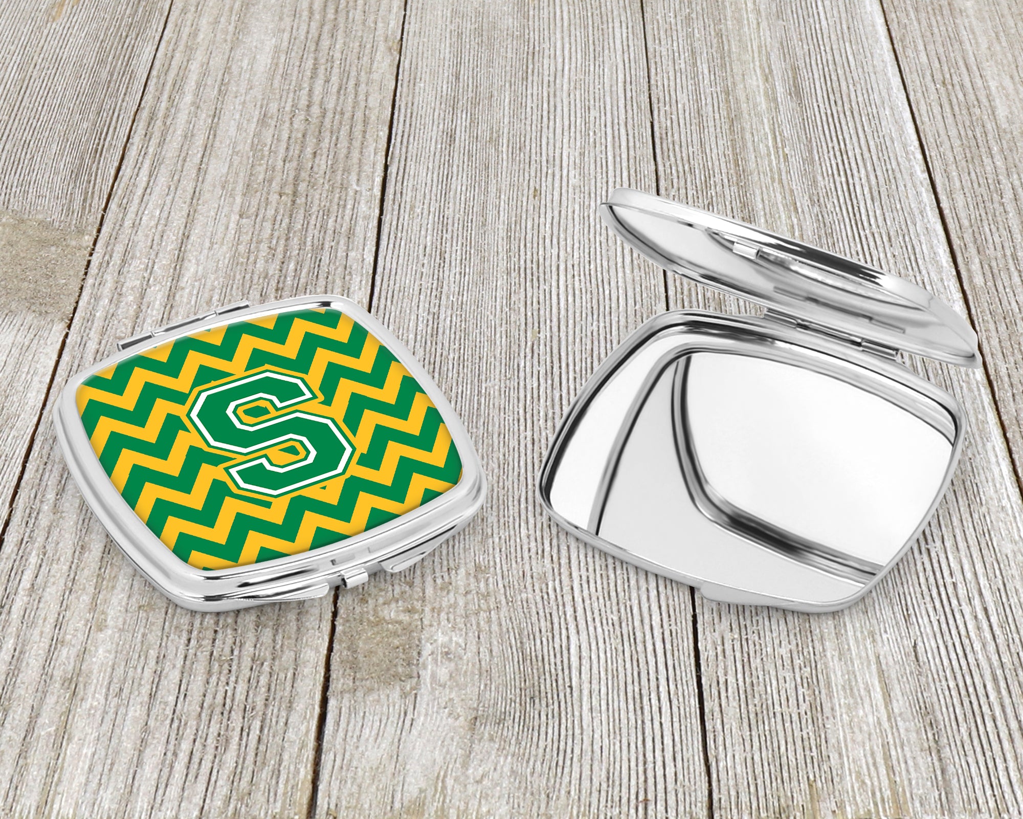 Letter S Chevron Green and Gold Compact Mirror CJ1059-SSCM  the-store.com.