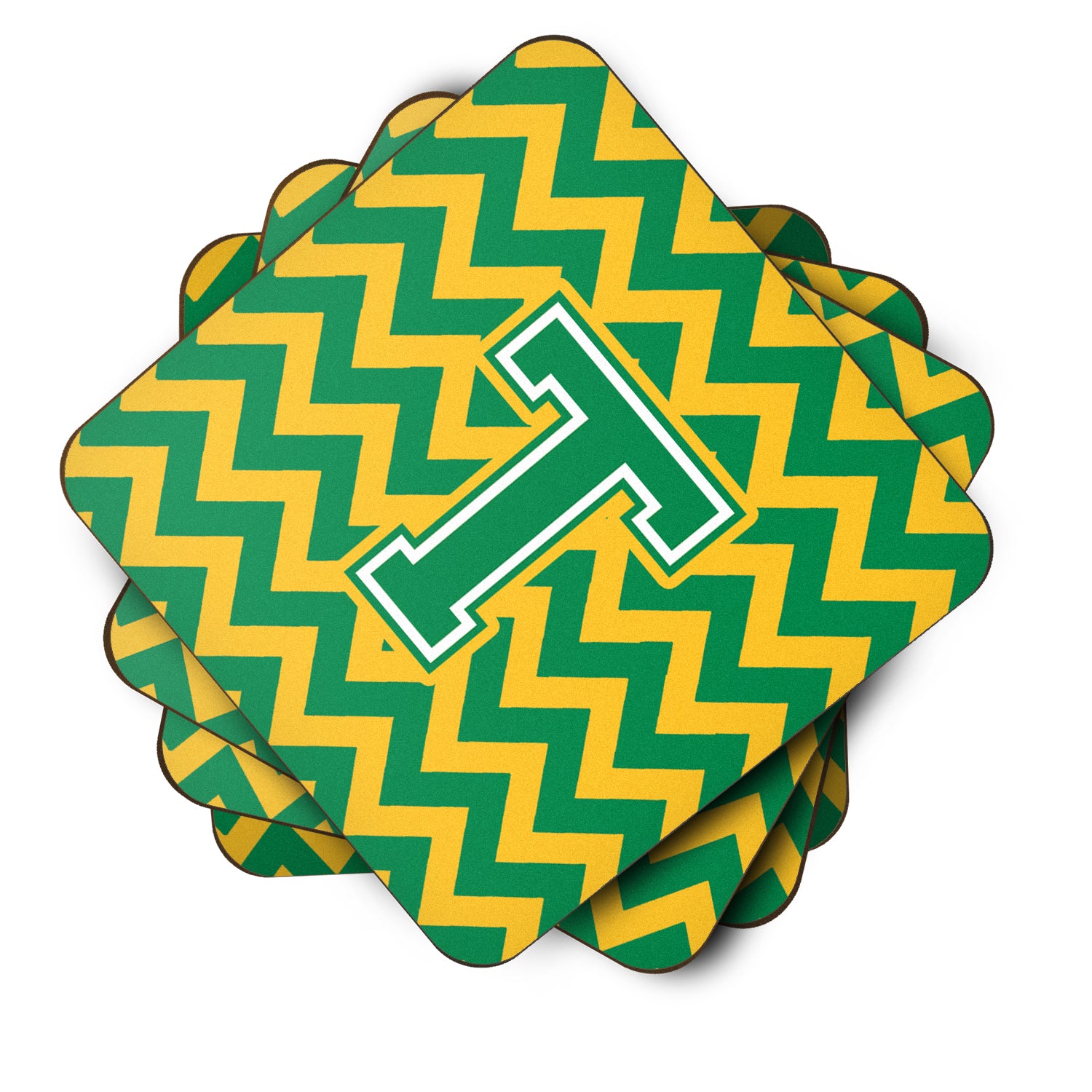 Letter T Chevron Green and Gold Foam Coaster Set of 4 CJ1059-TFC - the-store.com