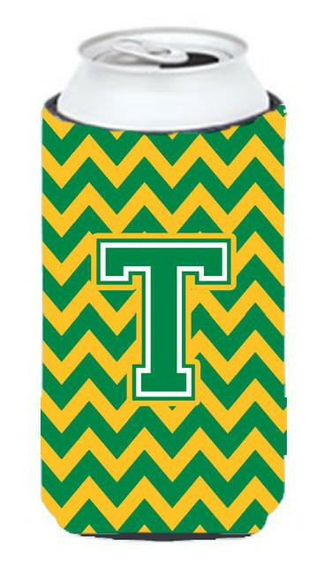 Letter T Chevron Green and Gold Tall Boy Beverage Insulator Hugger CJ1059-TTBC by Caroline&#39;s Treasures