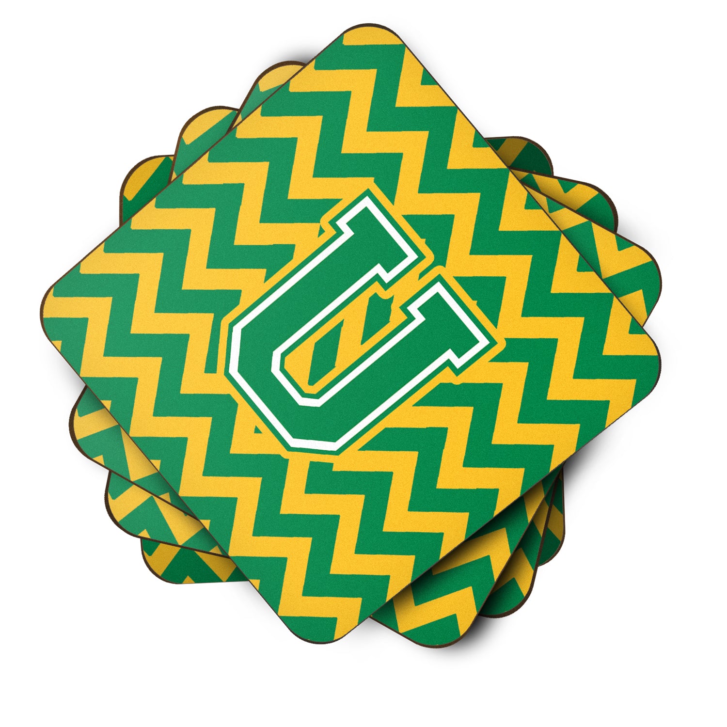 Letter U Chevron Green and Gold Foam Coaster Set of 4 CJ1059-UFC - the-store.com