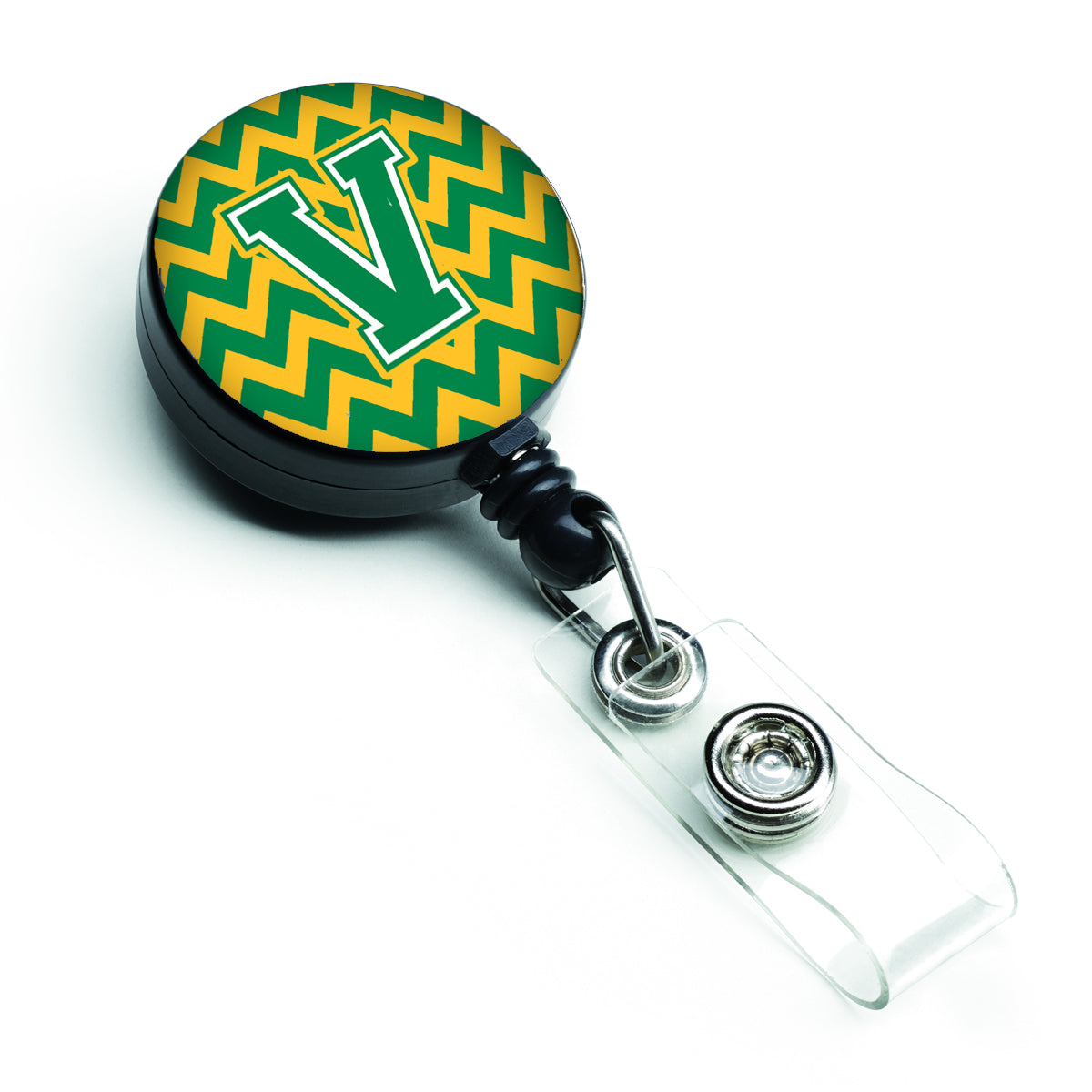 Letter V Chevron Green and Gold Retractable Badge Reel CJ1059-VBR.