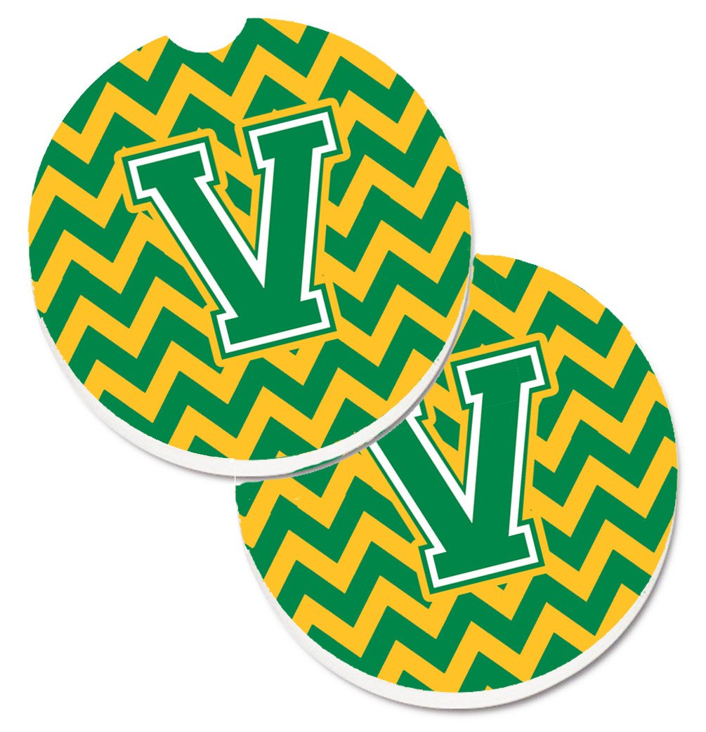 Letter V Chevron Green and Gold Set of 2 Cup Holder Car Coasters CJ1059-VCARC by Caroline&#39;s Treasures