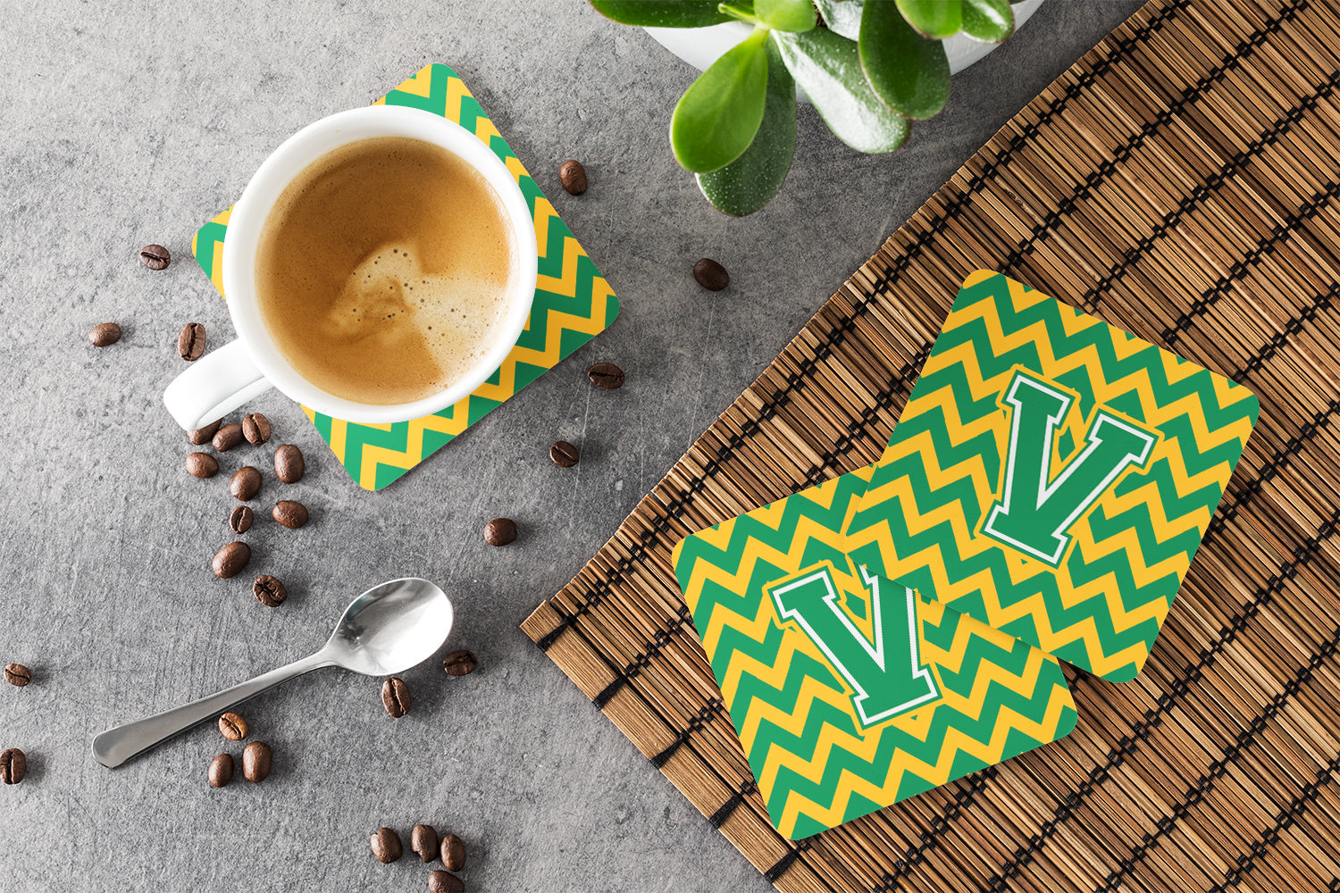 Letter V Chevron Green and Gold Foam Coaster Set of 4 CJ1059-VFC - the-store.com