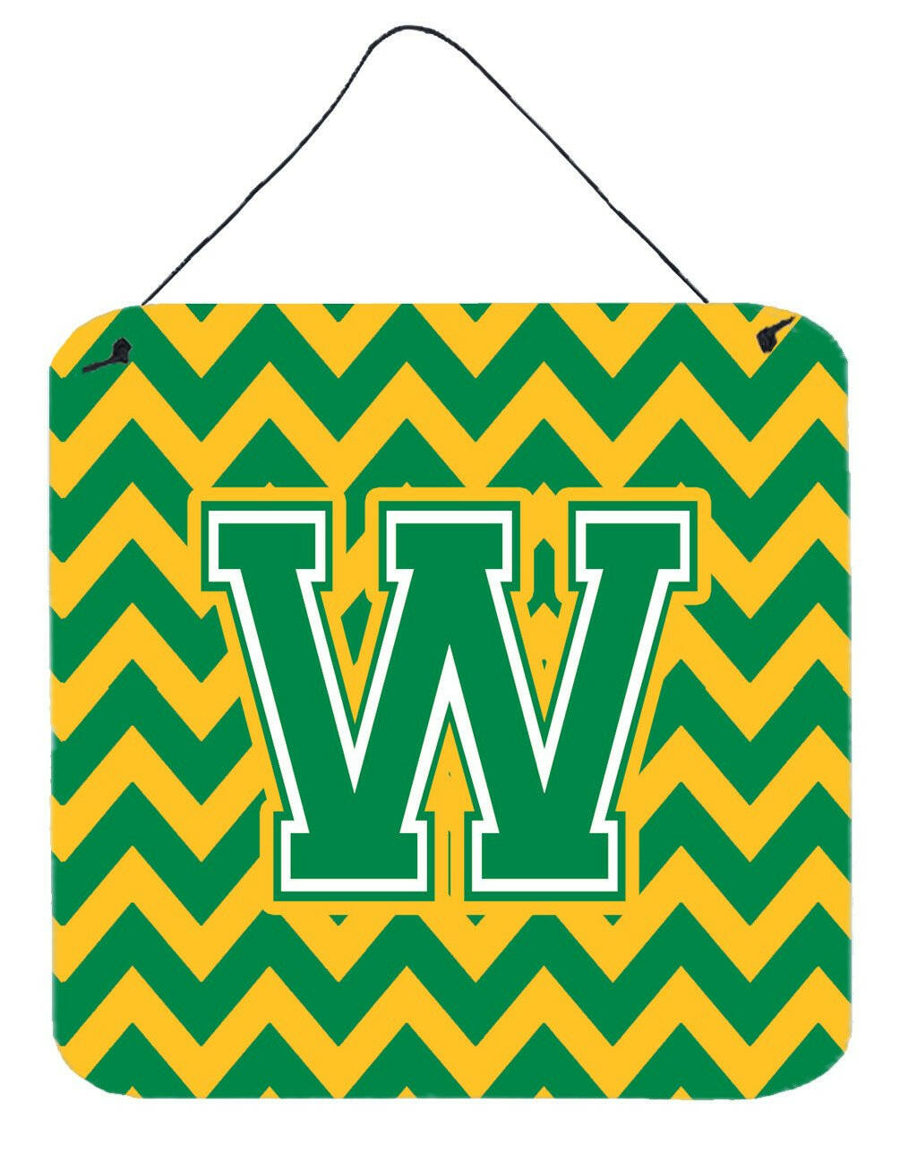 Letter W Chevron Green and Gold Wall or Door Hanging Prints CJ1059-WDS66 by Caroline's Treasures
