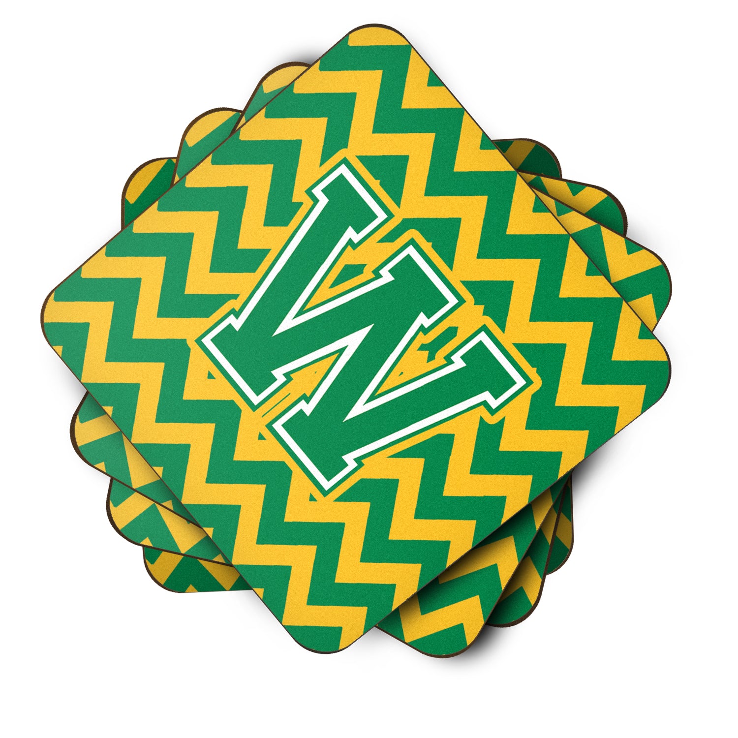 Letter W Chevron Green and Gold Foam Coaster Set of 4 CJ1059-WFC - the-store.com