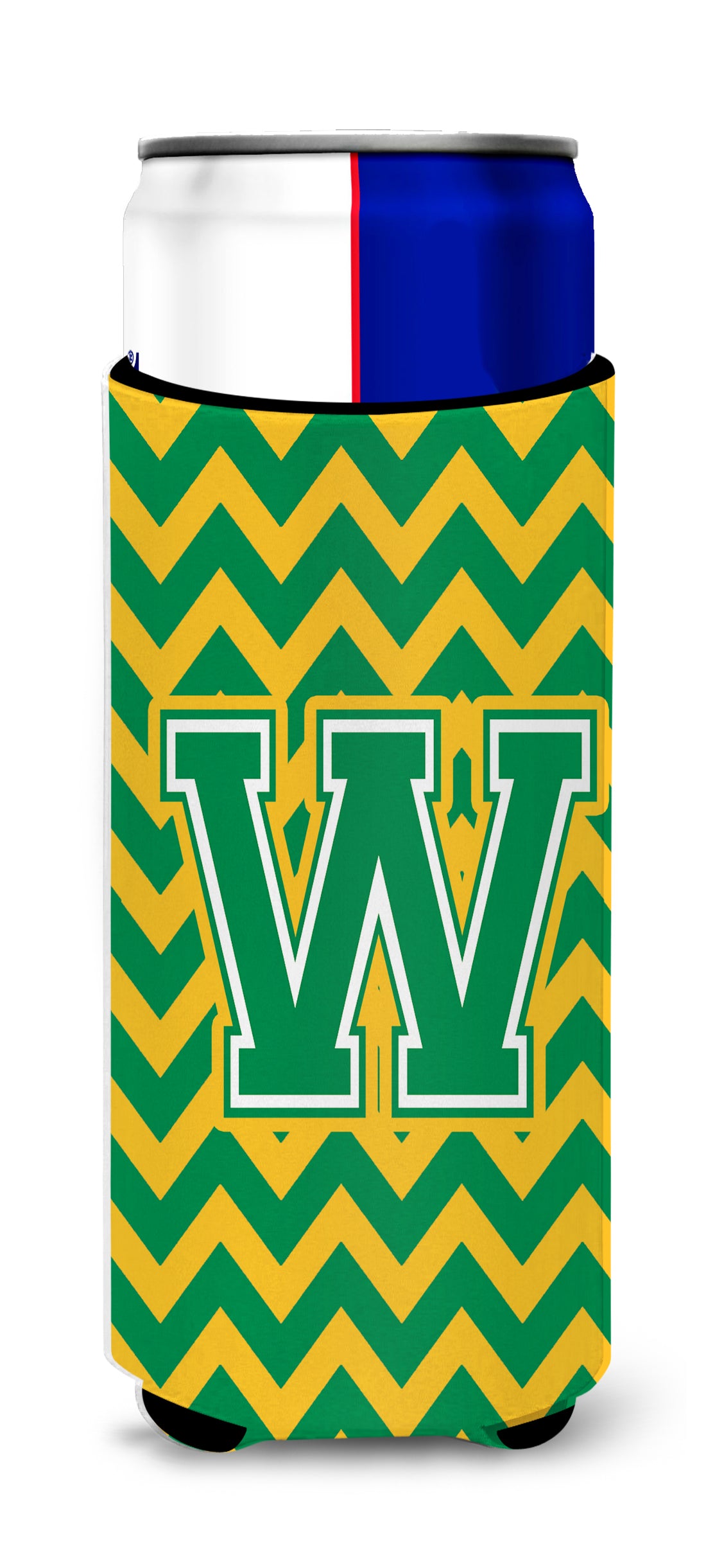 Letter W Chevron Green and Gold Ultra Beverage Insulators for slim cans CJ1059-WMUK.