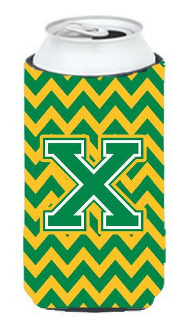 Letter X Chevron Green and Gold Tall Boy Beverage Insulator Hugger CJ1059-XTBC by Caroline's Treasures