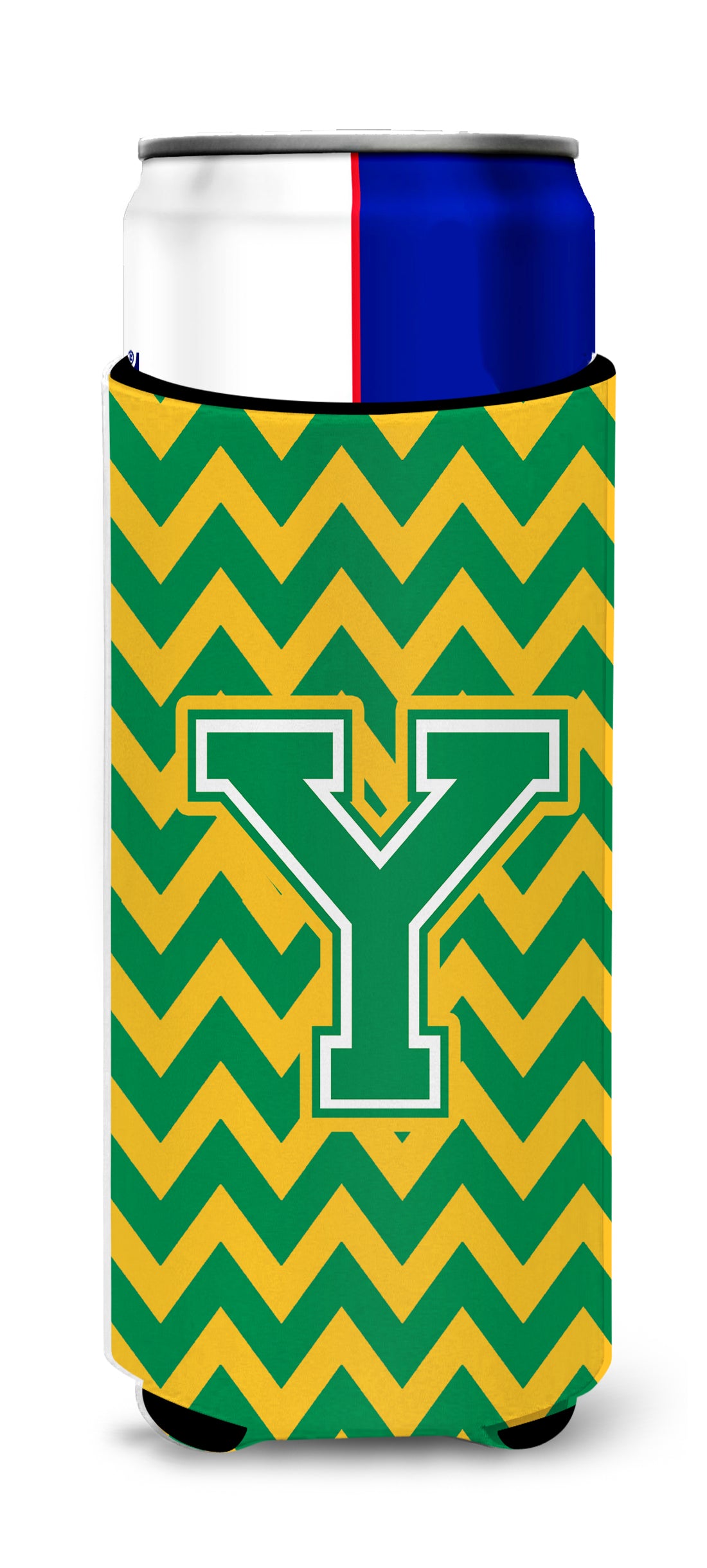 Letter Y Chevron Green and Gold Ultra Beverage Insulators for slim cans CJ1059-YMUK.