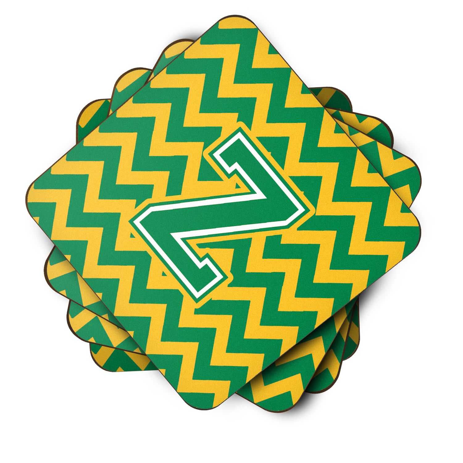 Letter Z Chevron Green and Gold Foam Coaster Set of 4 CJ1059-ZFC - the-store.com