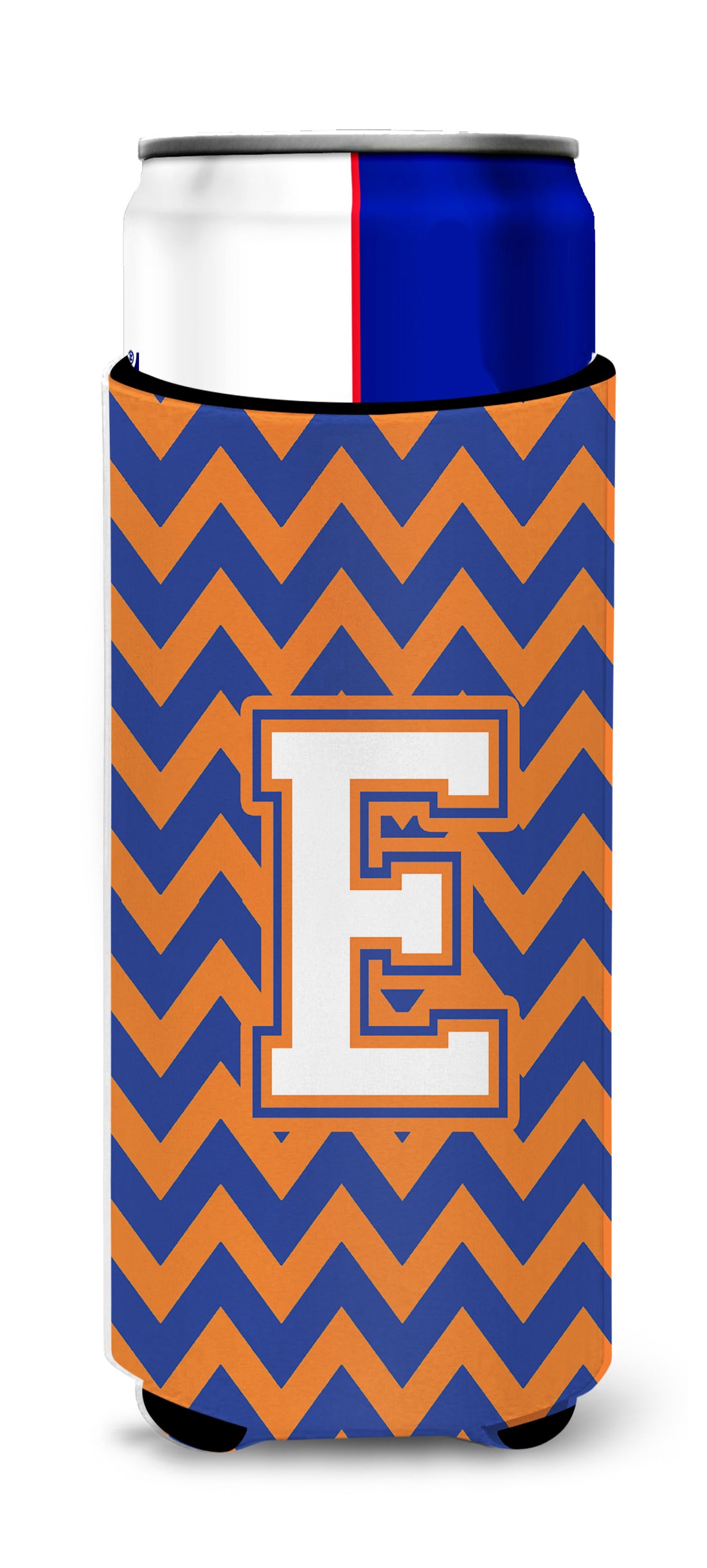 Letter E Chevron Blue and Orange Ultra Beverage Insulators for slim cans CJ1060-EMUK.