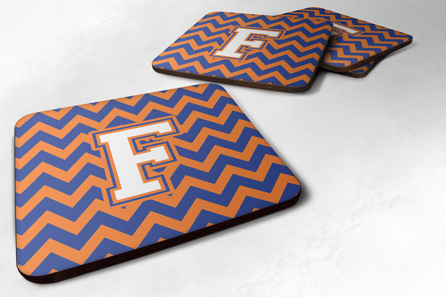 Letter F Chevron Blue and Orange #3 Foam Coaster Set of 4 CJ1060-FFC - the-store.com