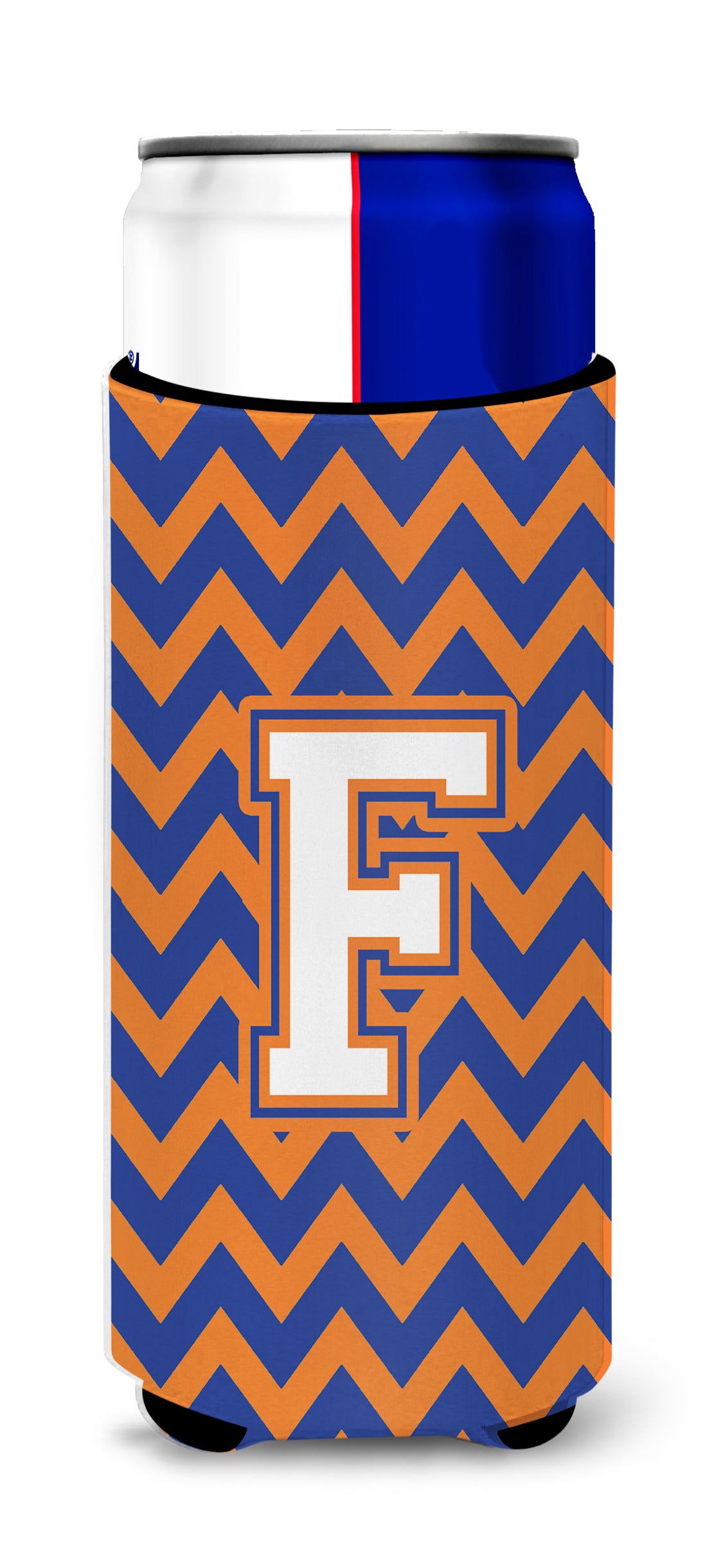 Letter F Chevron Blue and Orange Ultra Beverage Insulators for slim cans CJ1060-FMUK.