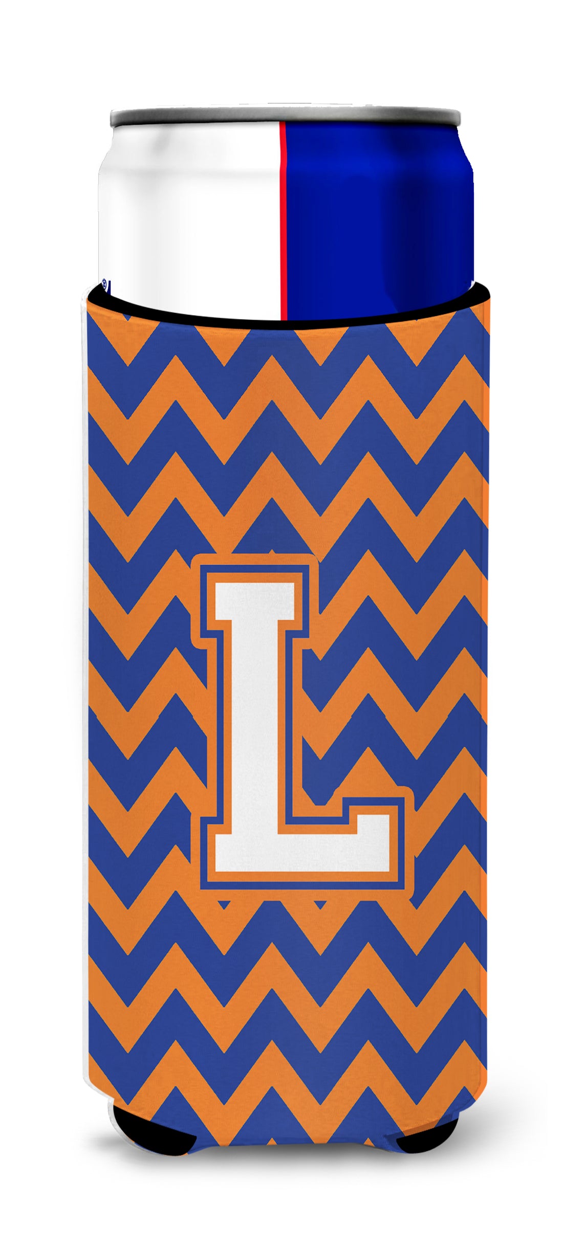 Letter L Chevron Blue and Orange Ultra Beverage Insulators for slim cans CJ1060-LMUK.