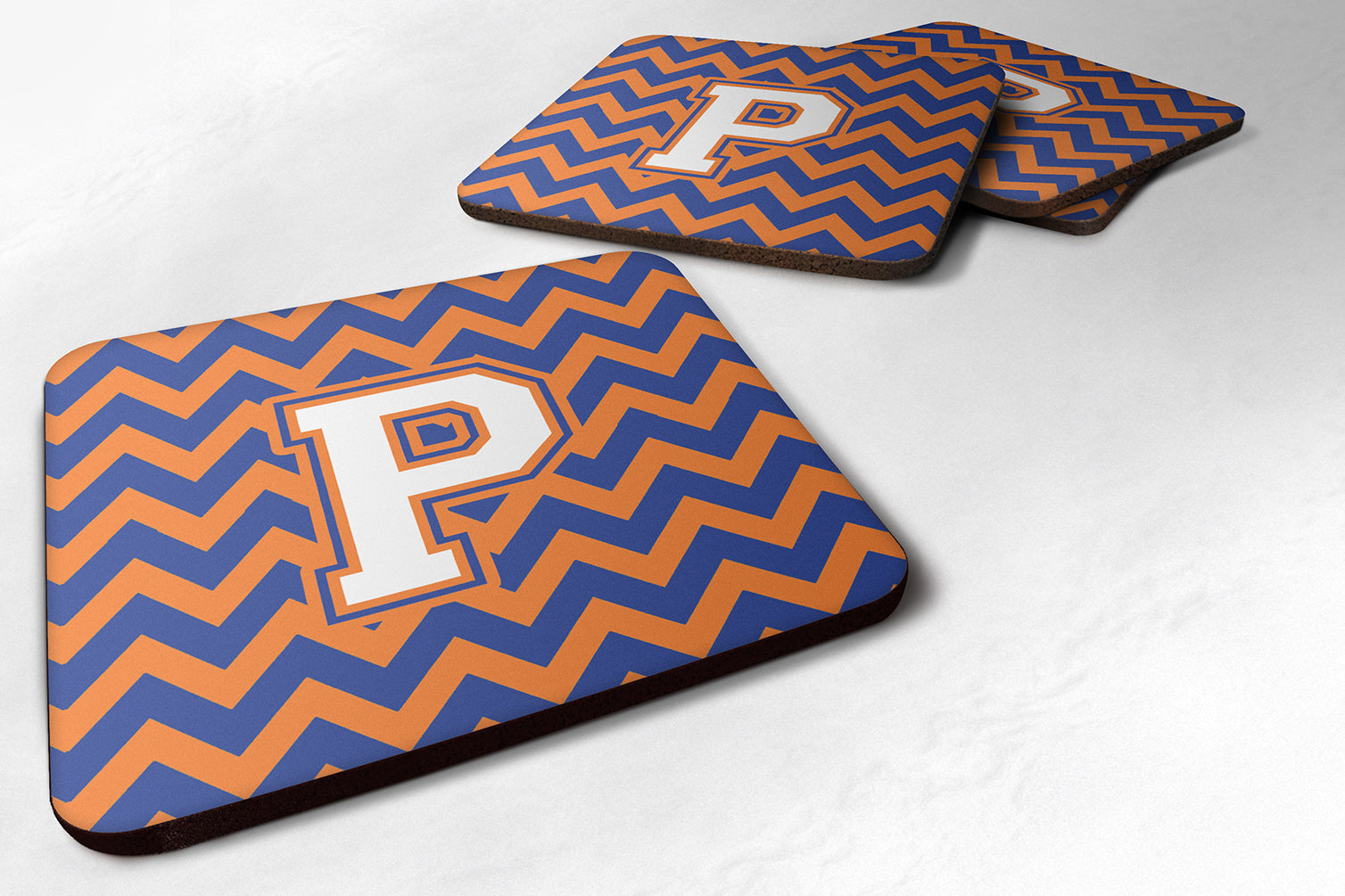 Letter P Chevron Blue and Orange #3 Foam Coaster Set of 4 CJ1060-PFC - the-store.com