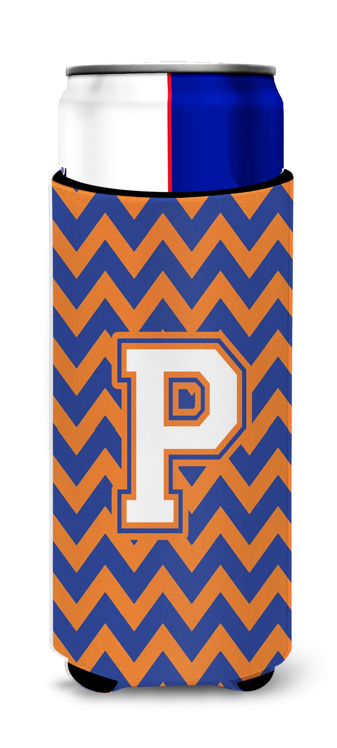 Letter P Chevron Blue and Orange Ultra Beverage Insulators for slim cans CJ1060-PMUK.