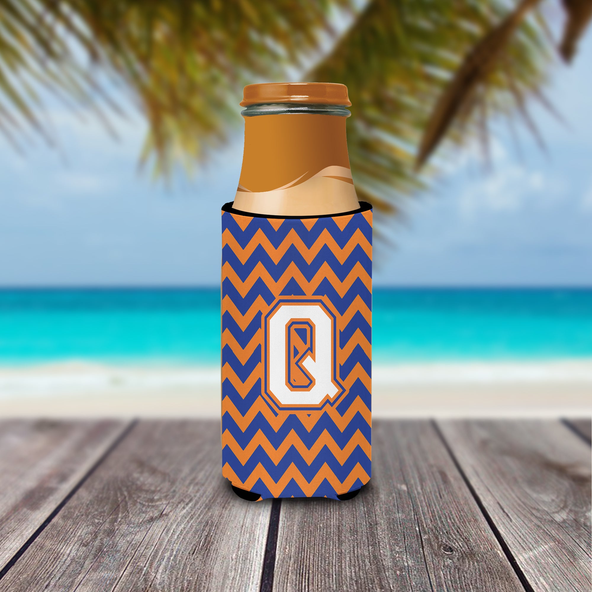 Letter Q Chevron Blue and Orange Ultra Beverage Insulators for slim cans CJ1060-QMUK.