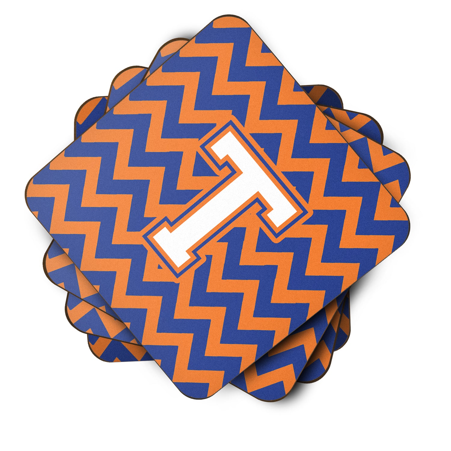 Letter T Chevron Blue and Orange #3 Foam Coaster Set of 4 CJ1060-TFC - the-store.com