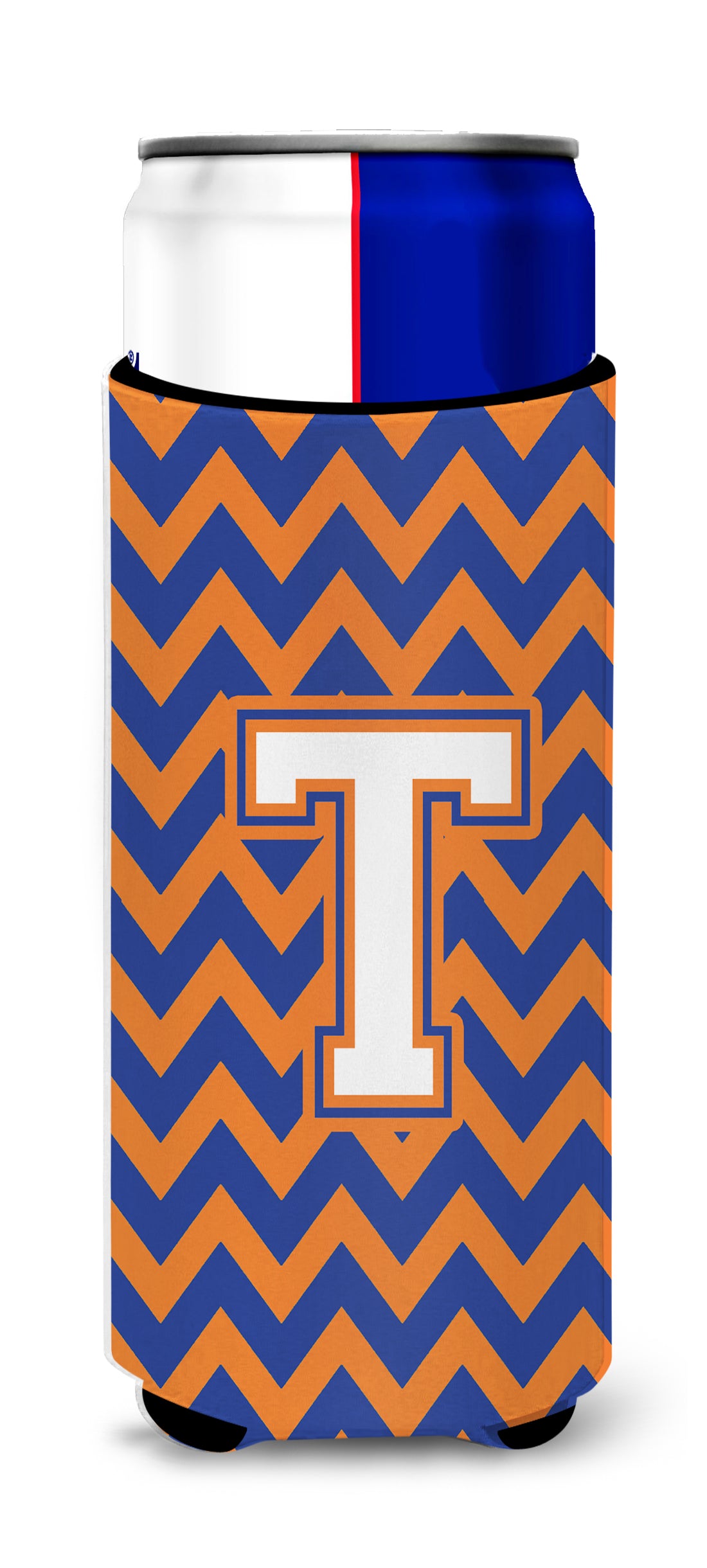 Letter T Chevron Blue and Orange Ultra Beverage Insulators for slim cans CJ1060-TMUK.