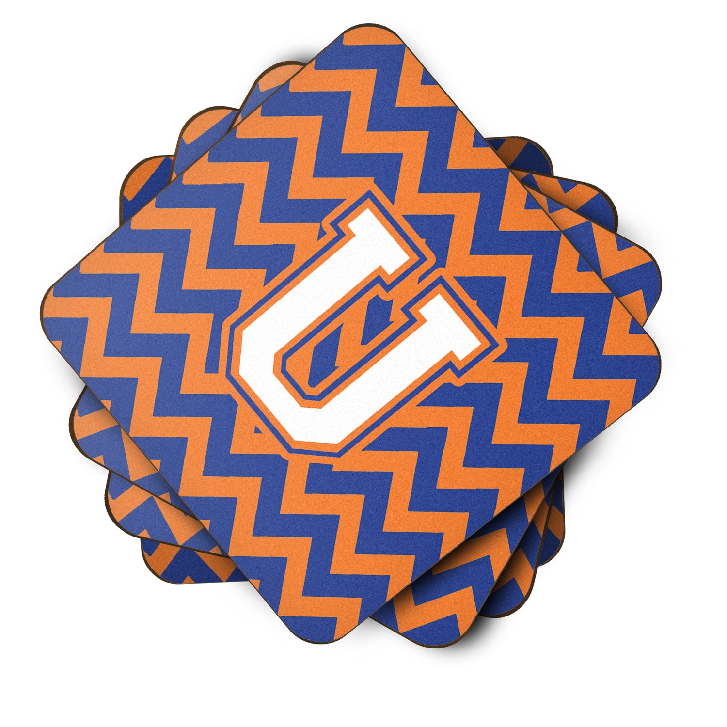 Letter U Chevron Blue and Orange #3 Foam Coaster Set of 4 CJ1060-UFC - the-store.com