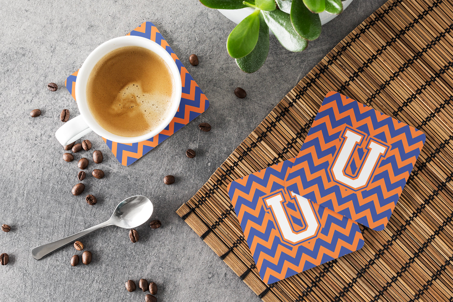 Letter U Chevron Blue and Orange #3 Foam Coaster Set of 4 CJ1060-UFC - the-store.com