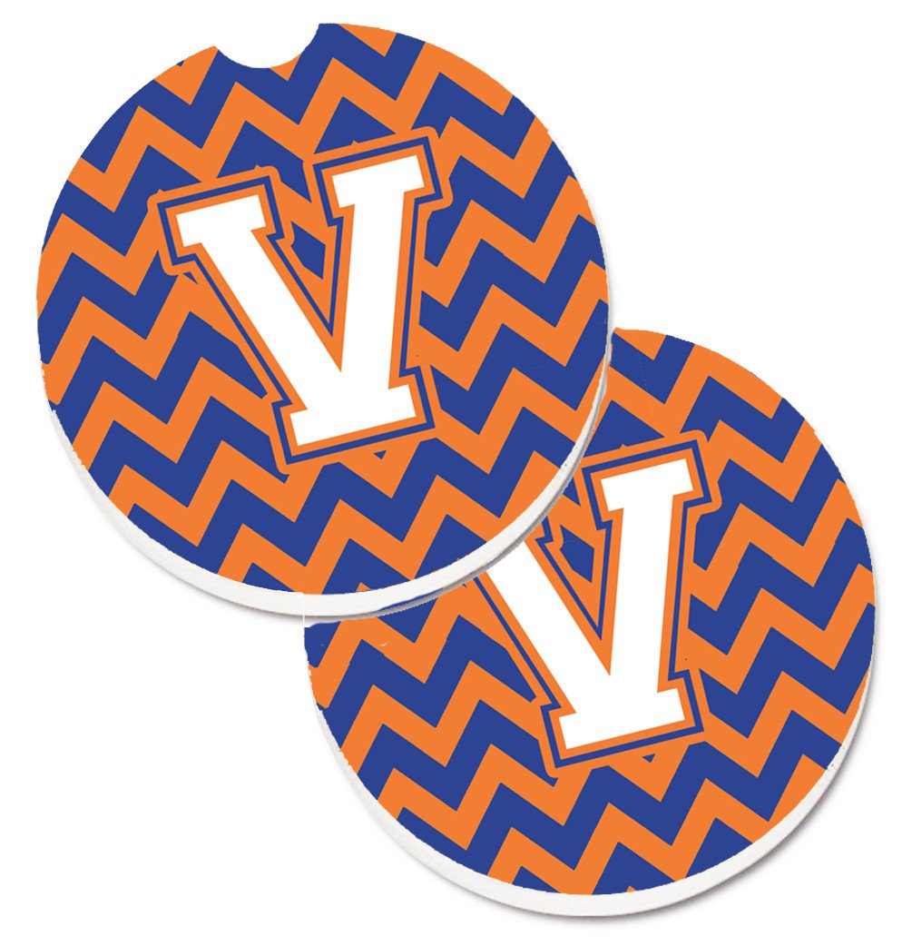 Letter V Chevron Blue and Orange #3 Set of 2 Cup Holder Car Coasters CJ1060-VCARC by Caroline's Treasures