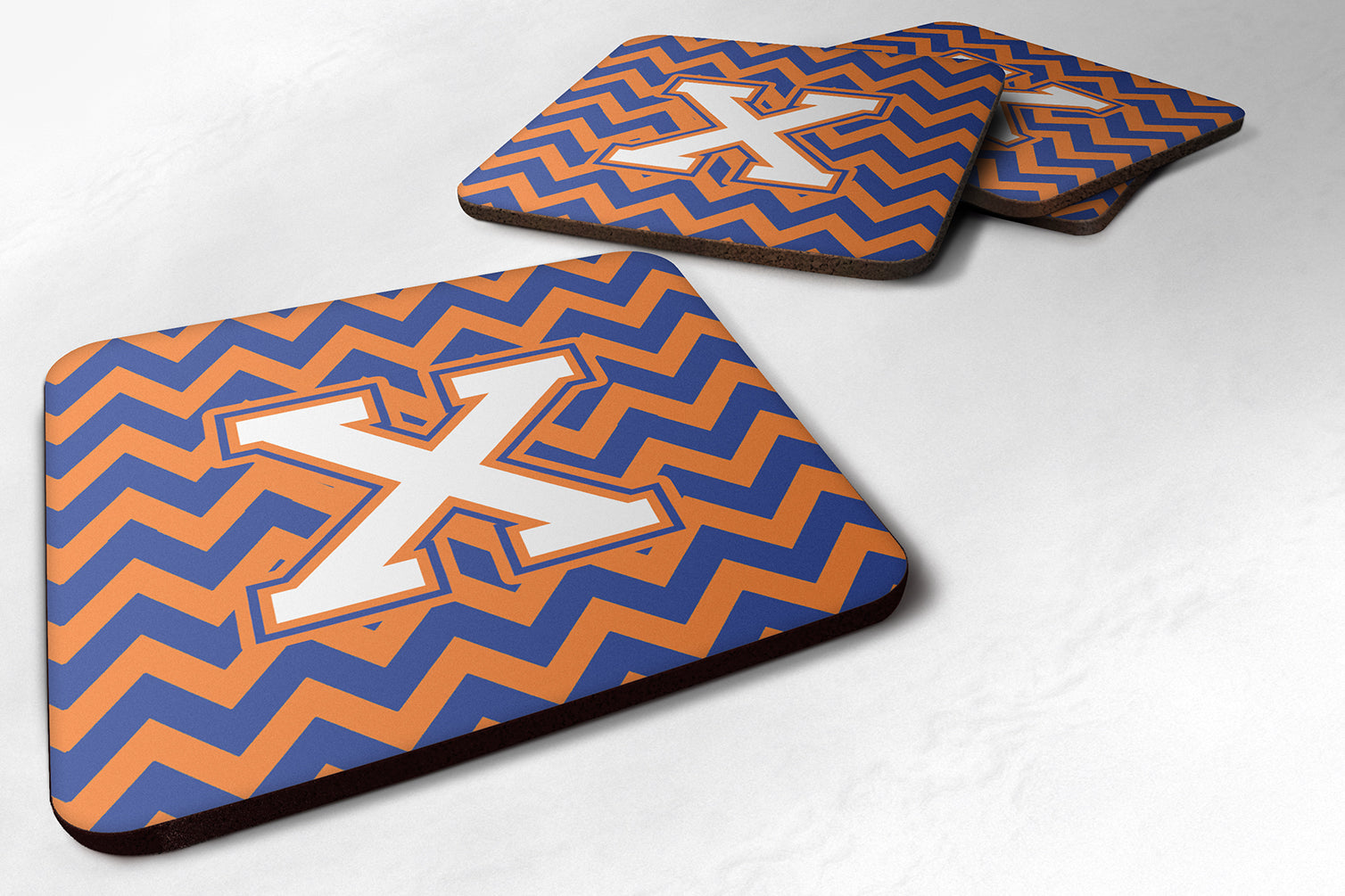 Letter X Chevron Blue and Orange #3 Foam Coaster Set of 4 CJ1060-XFC - the-store.com