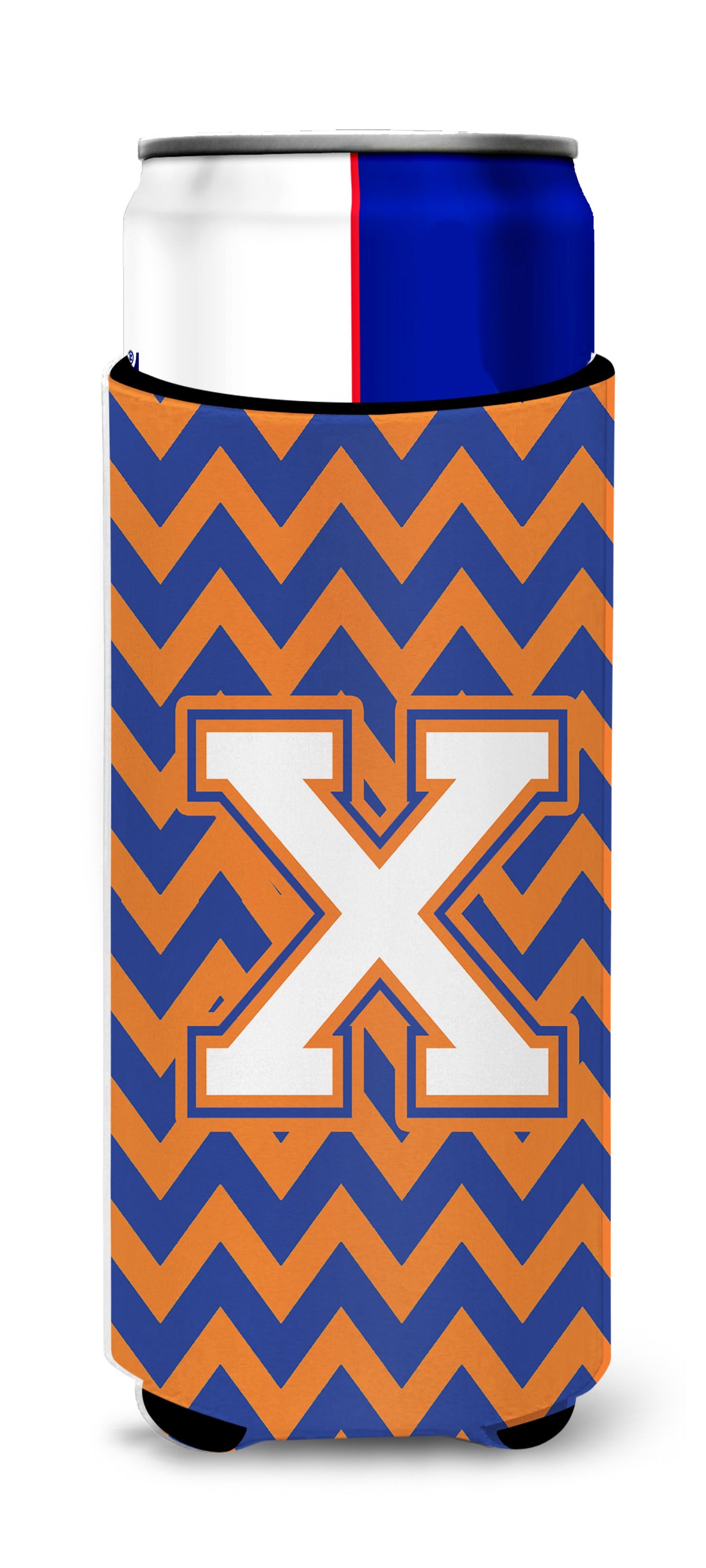 Letter X Chevron Blue and Orange Ultra Beverage Insulators for slim cans CJ1060-XMUK.