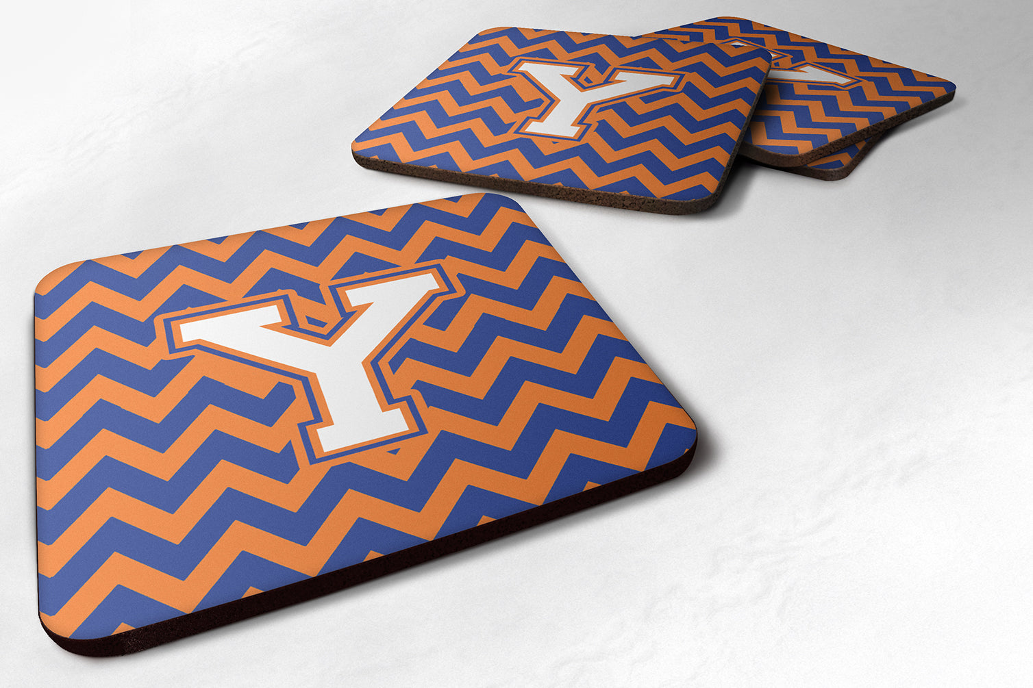 Letter Y Chevron Blue and Orange #3 Foam Coaster Set of 4 CJ1060-YFC - the-store.com