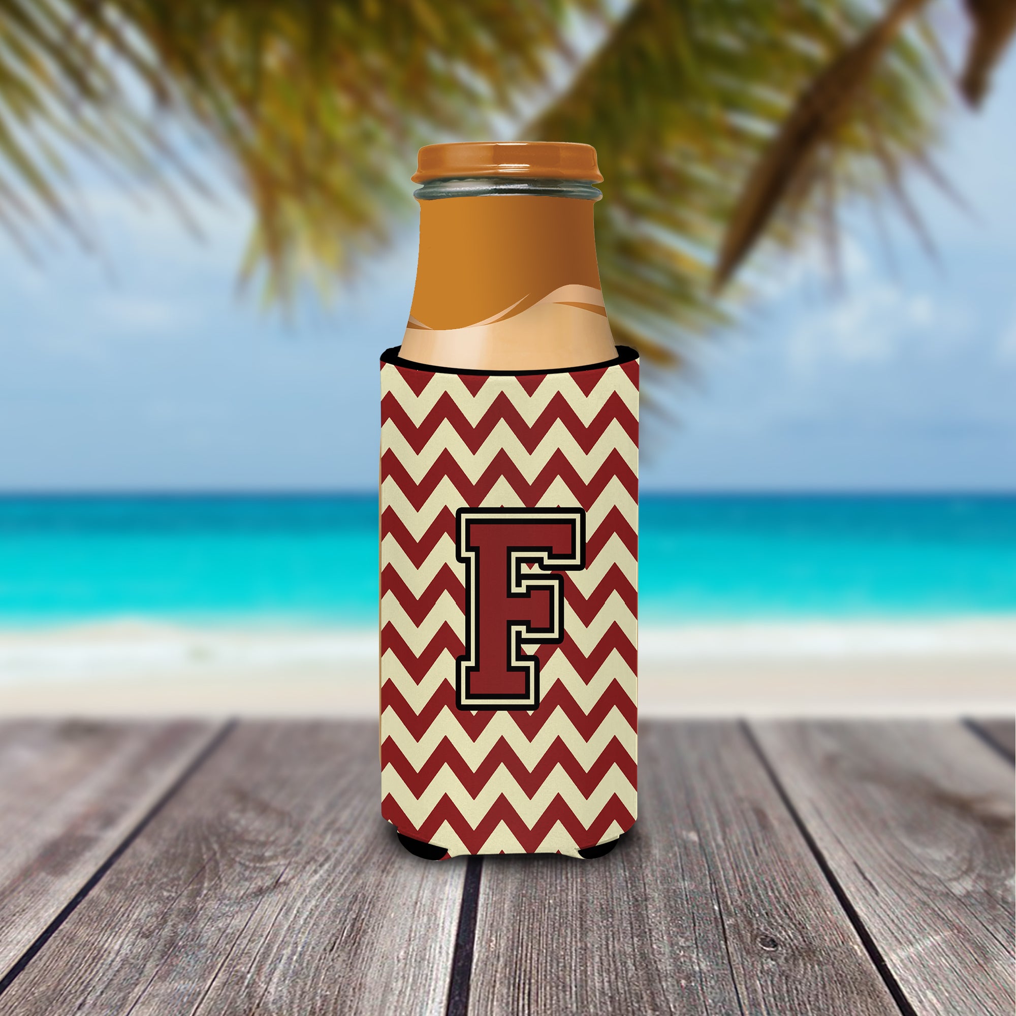 Letter F Chevron Maroon and Gold Ultra Beverage Insulators for slim cans CJ1061-FMUK.